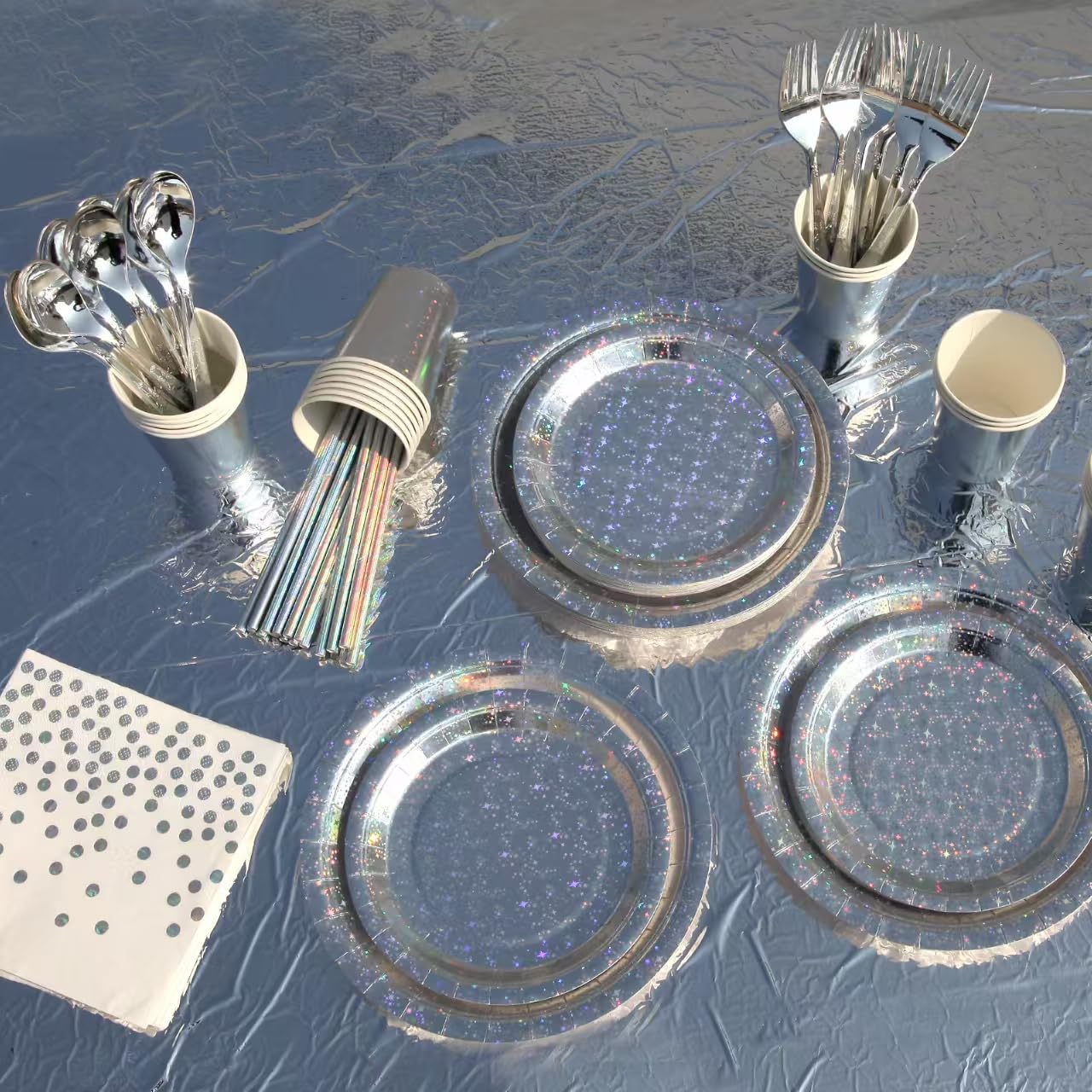 201-piece disposable party tableware set with paper plates, cups, napkins, straws, tablecloths, plastic knives, forks and spoons for a variety of party occasions for up to 25 people (Silver Star)