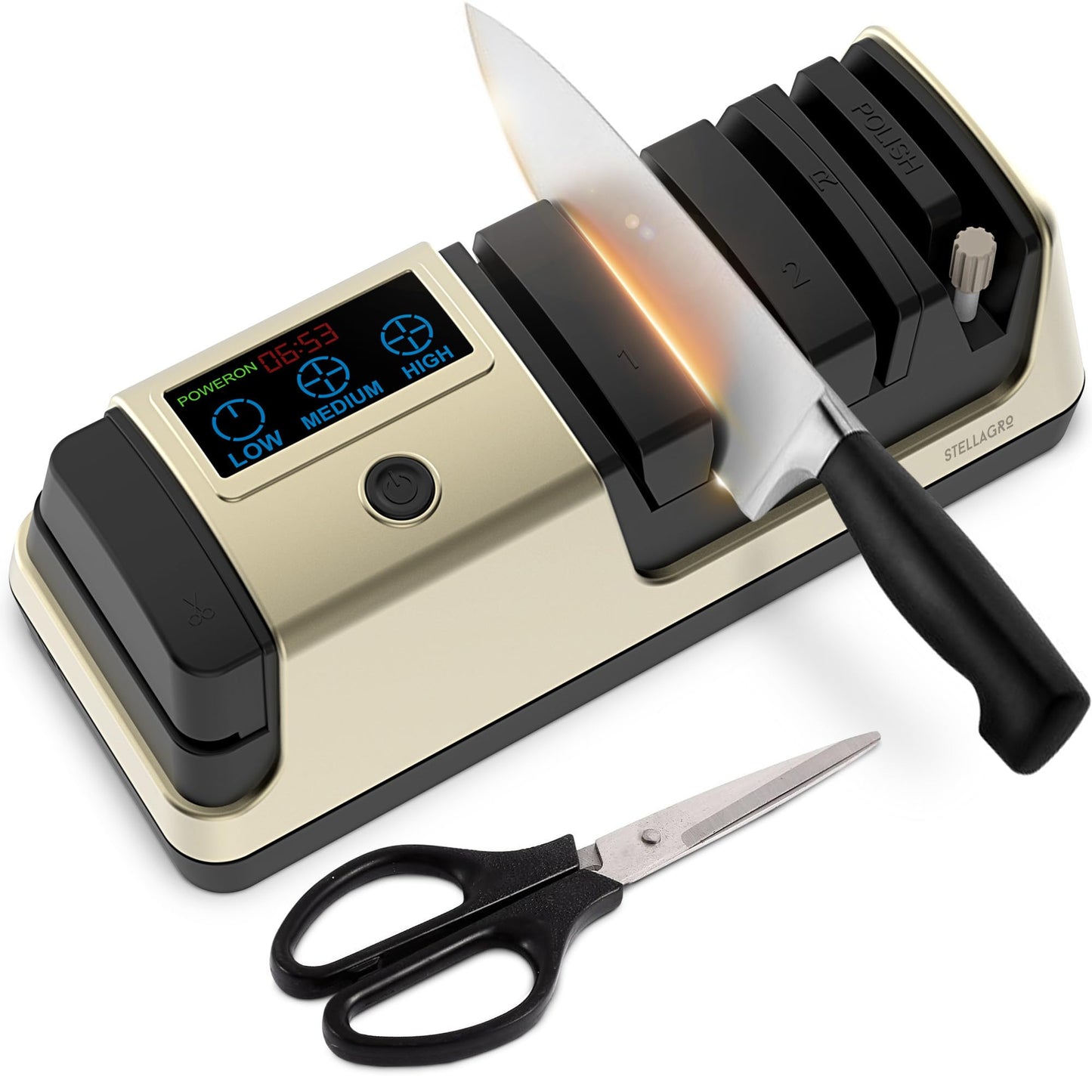 Electric Knife Sharpener for Kitchen Knives, LCD Display, 5-in-1Professional Knife Sharpener with Adjustable Speed, Diamond Wheel & Ceramic Rod, Gold