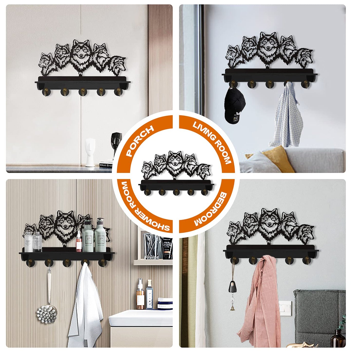 KingLive Wolf Wall Mount Coat Rack,Animal Wall Shelf with Heavy Duty Coat Hooks, Home Living Room Bedroom Decor for Hallway Kitchen Office Entryway, Wolf Wall Hook Gifts for Men(5 Hooks)