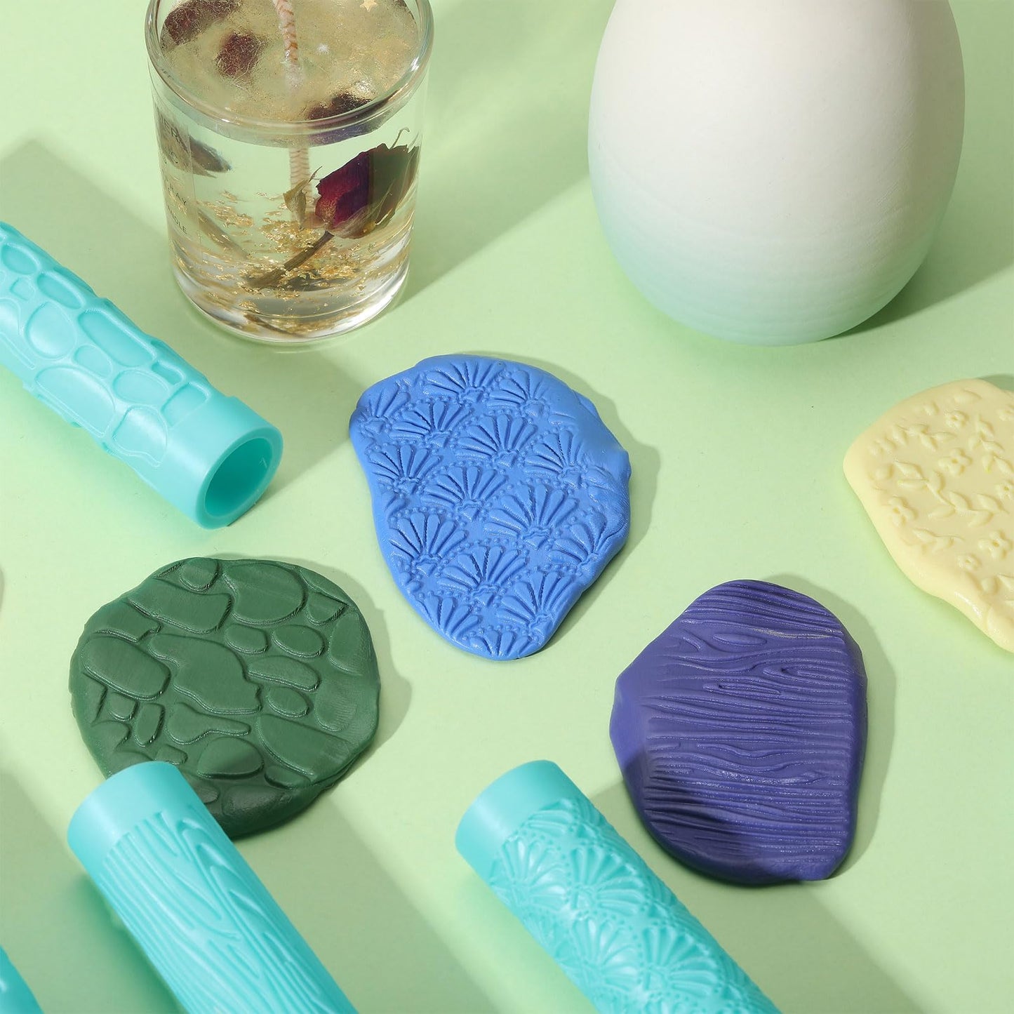 ORIGACH 5 Pcs Polymer Clay Texture Roller for Earring Making, Pottery Tools Texture Roller for Clay Jewelry Making Texture Pattern-Heart, Leaves and Flowers, Cobblestone, Wood Grain, Fan Shape