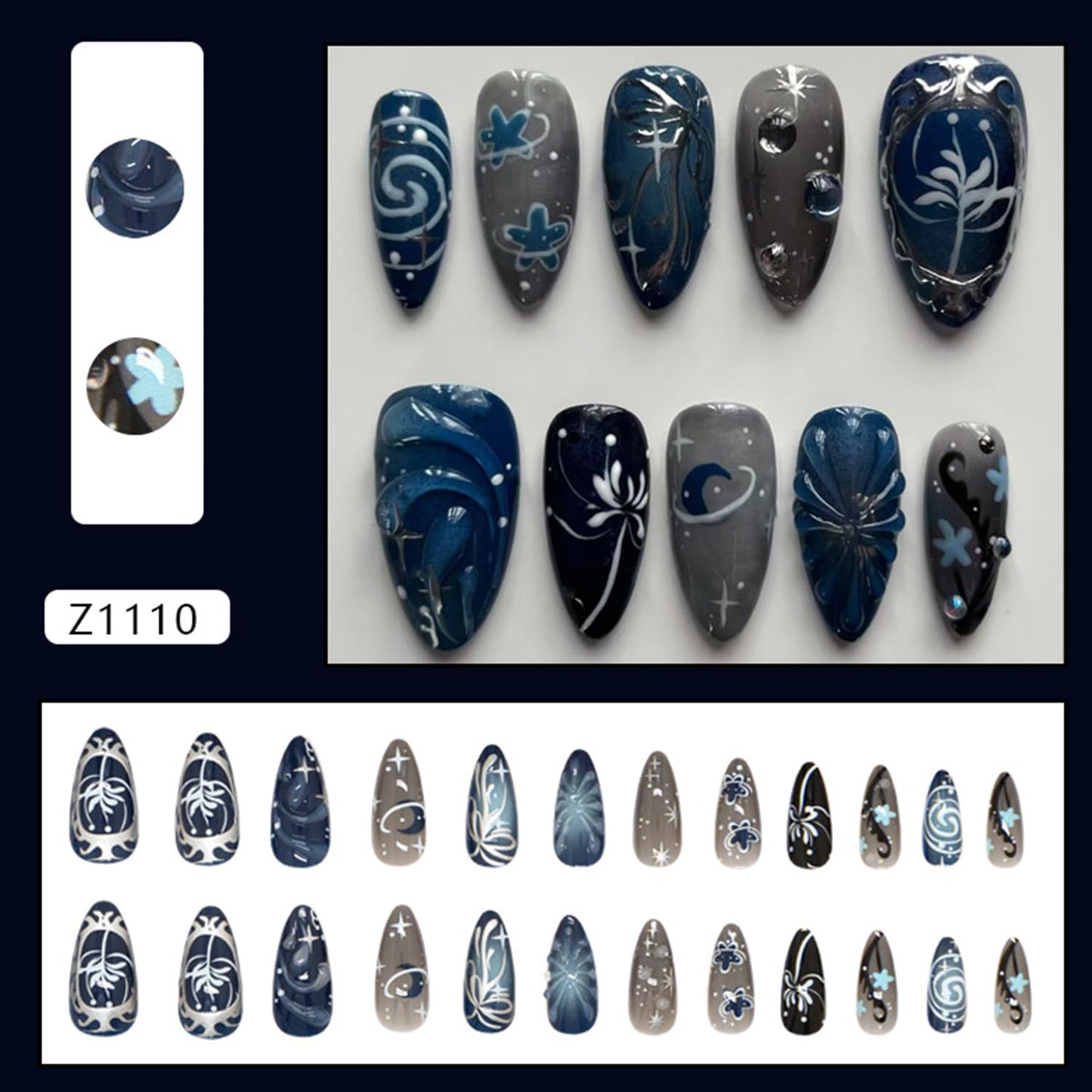 CJDLTS Dark Black Medium Almond Shaped Silver Stripe with Starry Sky Bubble Design Stick on Nails Full Cover Reusable Coffin Press on Nails Artificial Acrylic Fingernails for Women Manicure 24Pcs