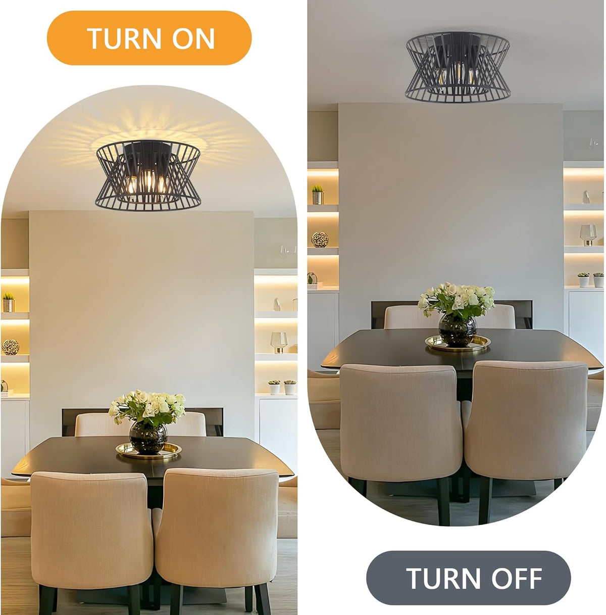 3-Lights Black Ceiling Light Vintage Geometric Chandelier Light Fixture Adjustable Metal Semi Flush Mount Lighting for Kitchen Room Dining Room Foyer