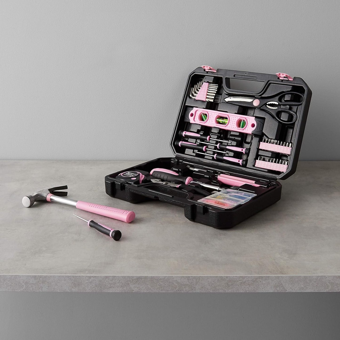 Amazon Basics 142-Piece Household Tool Kit for Home Repair, Hand Tools with Storage Case, 13.39 x 9.25 x 2.95 inch, Pink