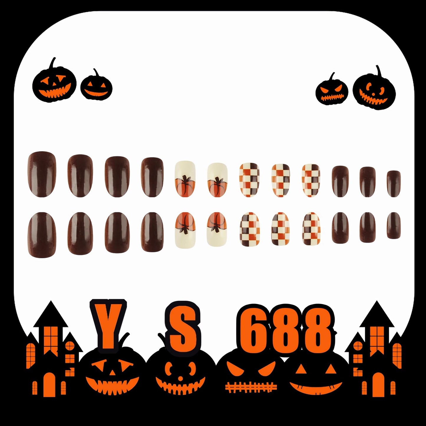 BABALAL Brown Fall Press on False Nails Medium Oval Fake Nails Pumpkin Design Thanksgiving Day Autumn 24Pcs Gloosy Round Full Cover Stick on Acrylic Gel Nails