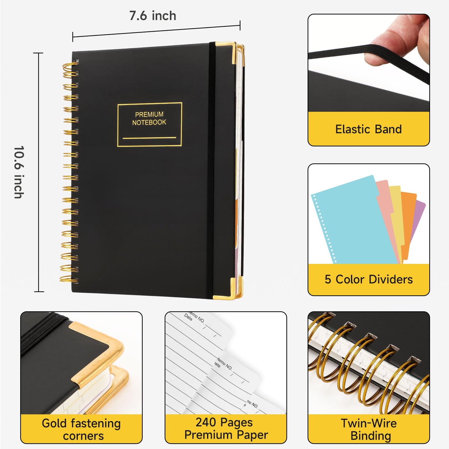 Huhuhero 5 Subject Notebook, 240 Pages Lined Spiral Journal College Ruled, 7.6" x 10.5” B5 Hardcover Journaling Notebooks for Work Note Taking, College School Supplies, Black