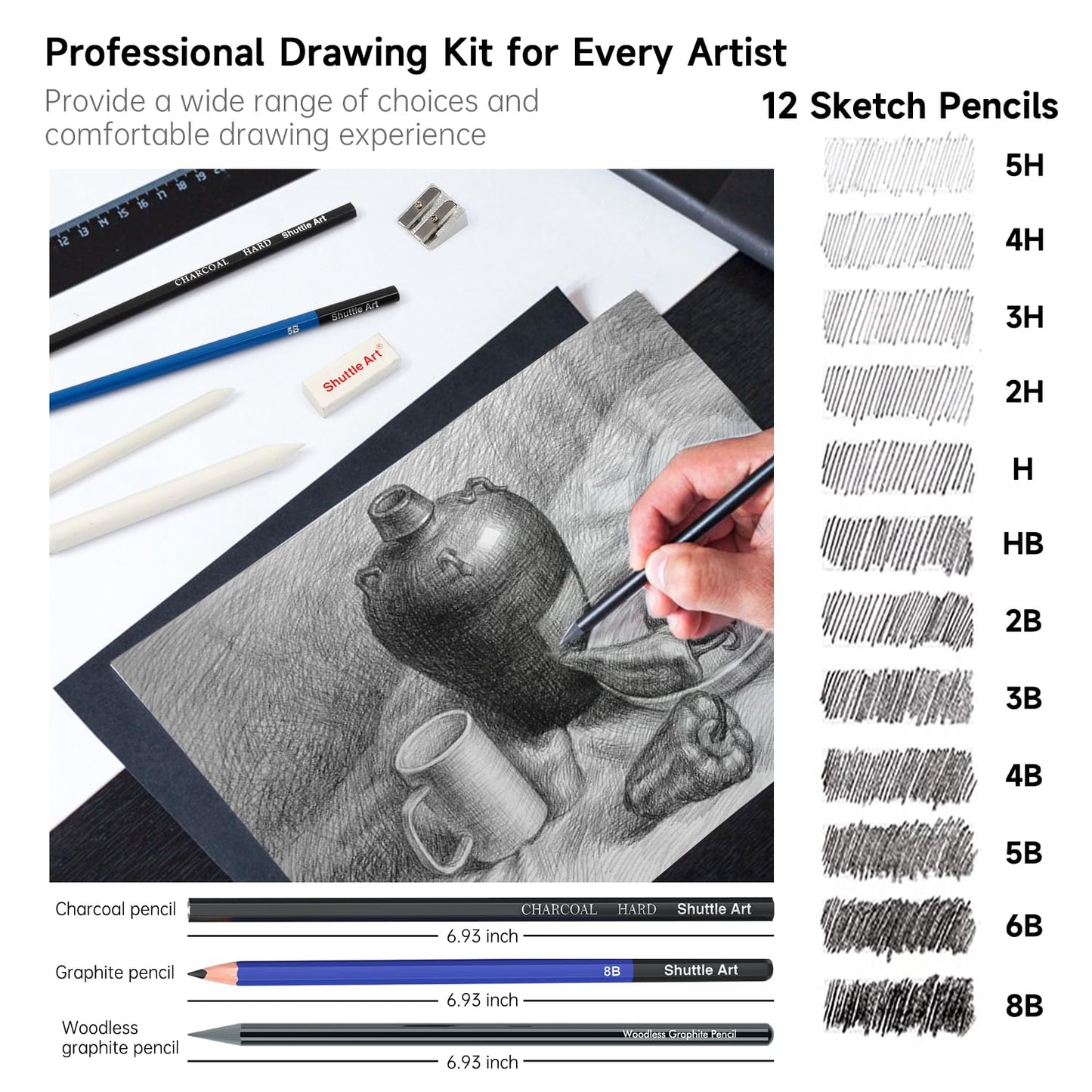 Shuttle Art Sketching and Drawing Pencils Set, 37-Piece Professional Sketch Pencils Set in Zipper Carry Case, Drawing Kit Art Supplies with Graphite Charcoal Sticks Tool Sketch book for Adults Kids