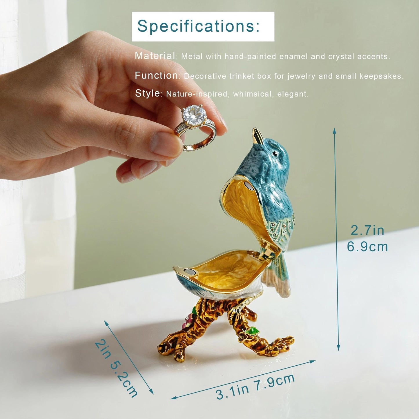 YU FENG Enamel Bird Trinket Box Jewelry Organizer, Hand Painted Decorative Hinged Keepsake Box – Blue Green Perched Bird