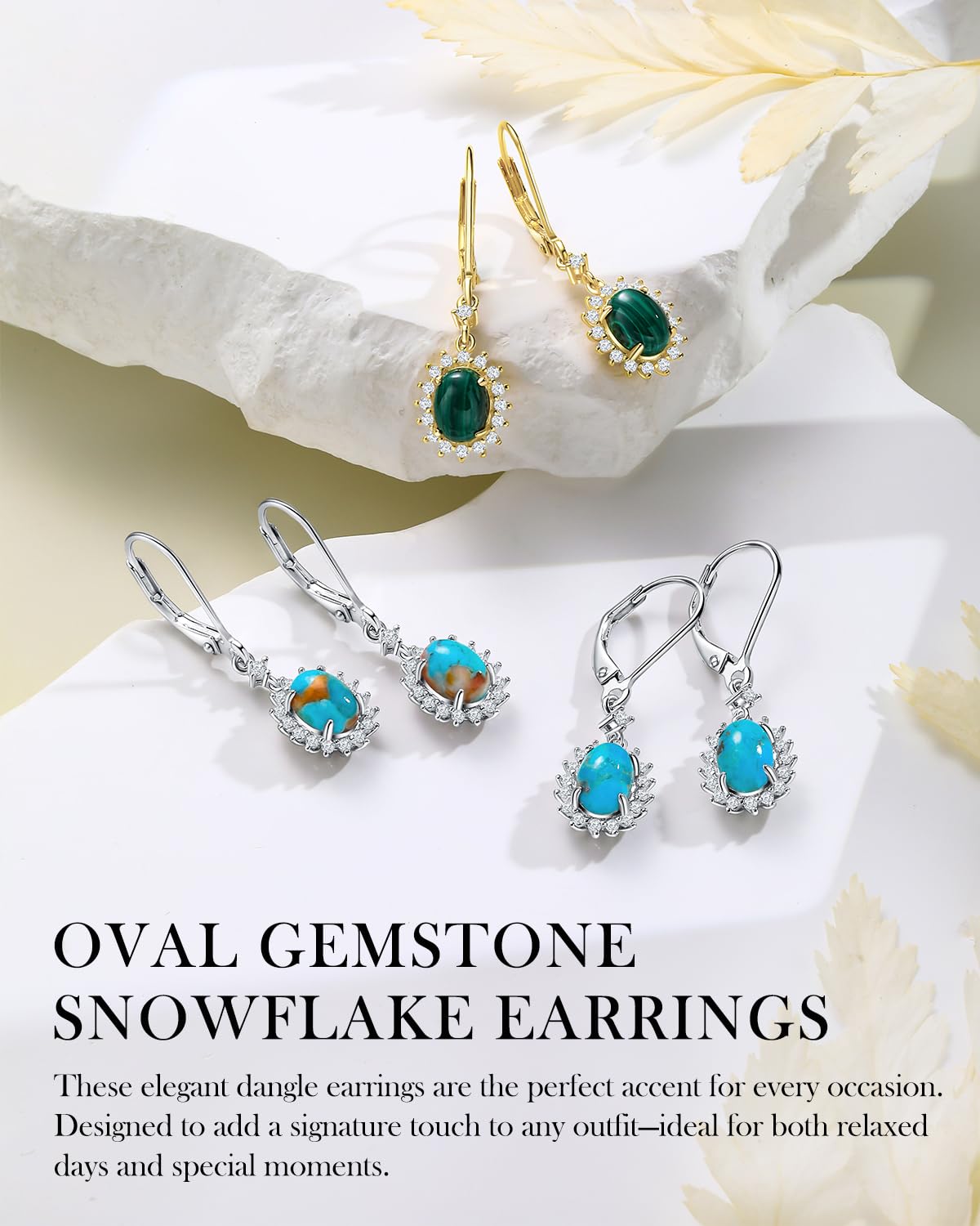 AIBAO Malachite Dangle Earrings for Women Green Crystal Snowflake Dangling Earrings Boho Jewelry Sterling Silver Oval Malachite Drop Earrings