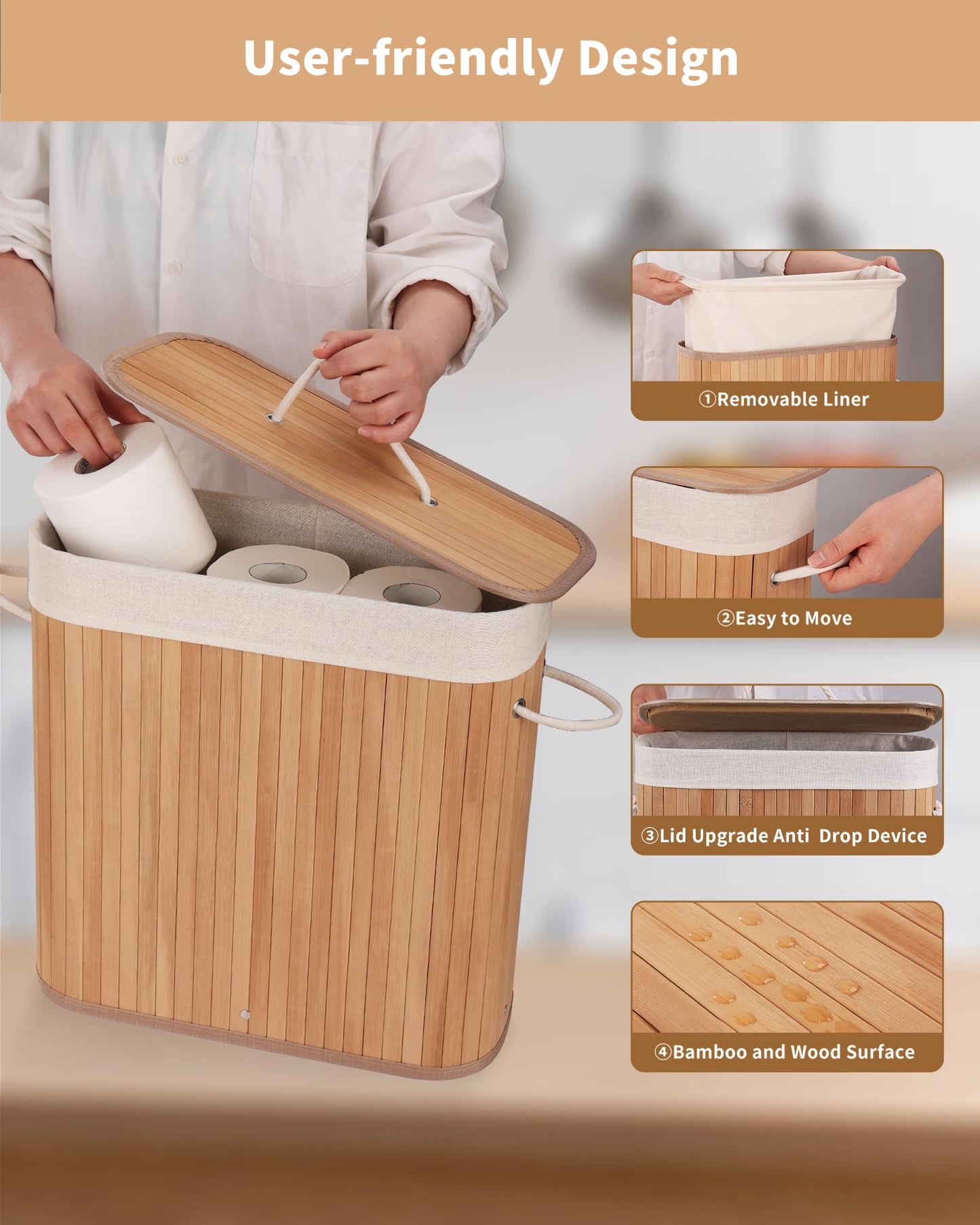 WAOHANAZ Bamboo Toilet Paper Storage with Lid & Handel, 8 Gallons (30L), Sturdy Toilet Paper Basket, Organizer for Bathroom, Kitchen, Holder with Storage, Natural