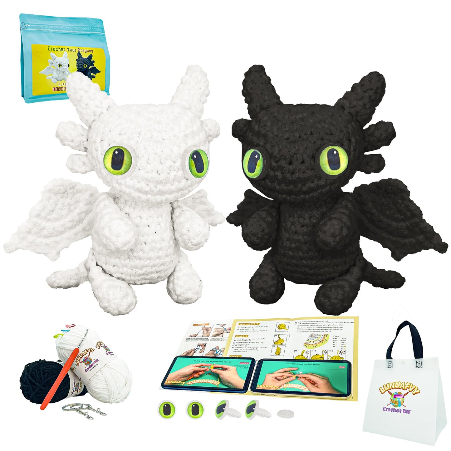 LuNuaFvy Crochet Kit for Beginners Kids & Adults - Complete Animal Starter Kit to DIY 2 Cute Amigurumi Dragons, Easy-Follow Book & Video Tutorial (4hr), Soft Yarn, 2 Bags(Gift & Storage)