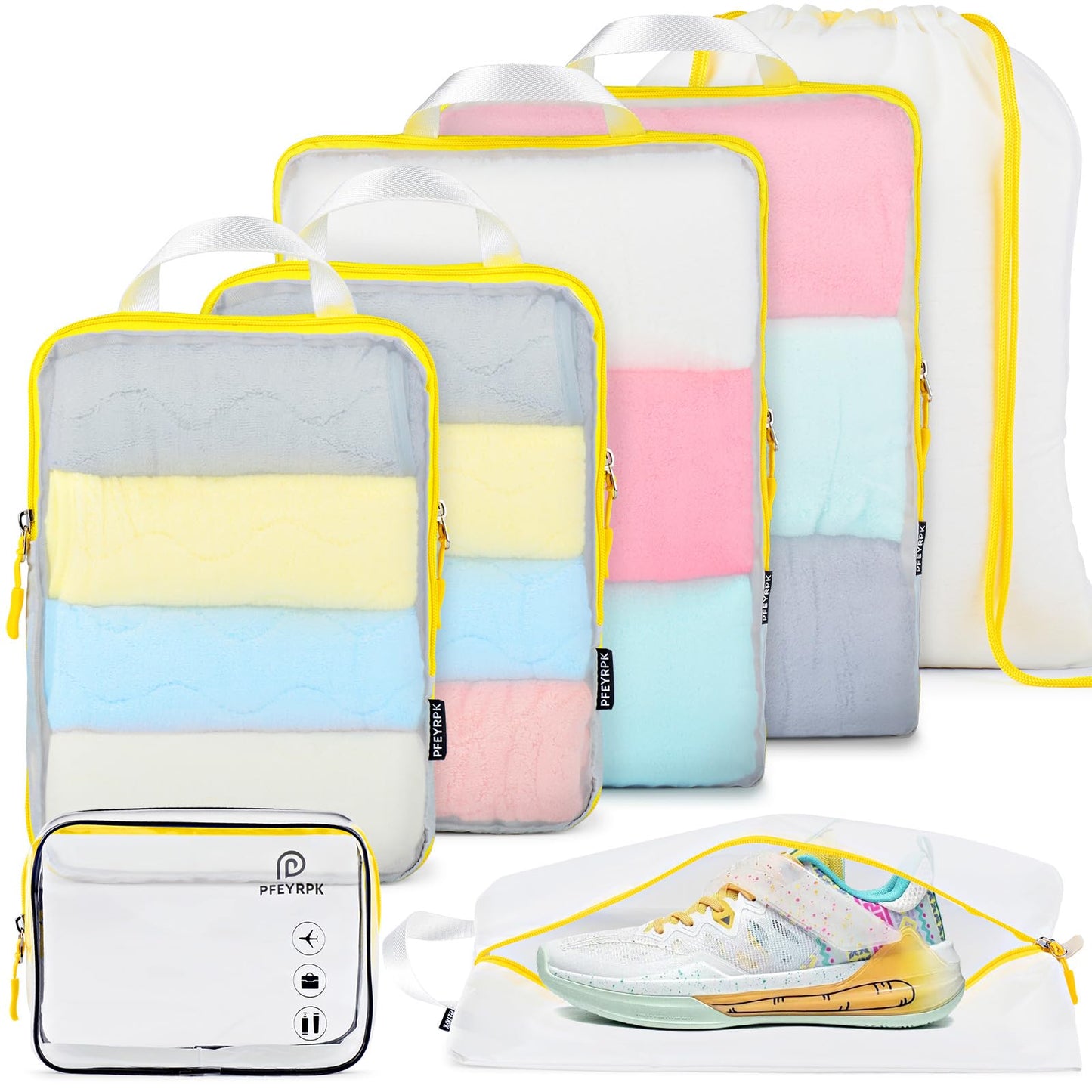 PFEYRPK Compression Packing Cubes Travel Essentials with See Through Mesh for Suitcases,Expandable Packing Organizers 7 Set with Clear Toiletries and Shoe Bag for Carry on Luggage.