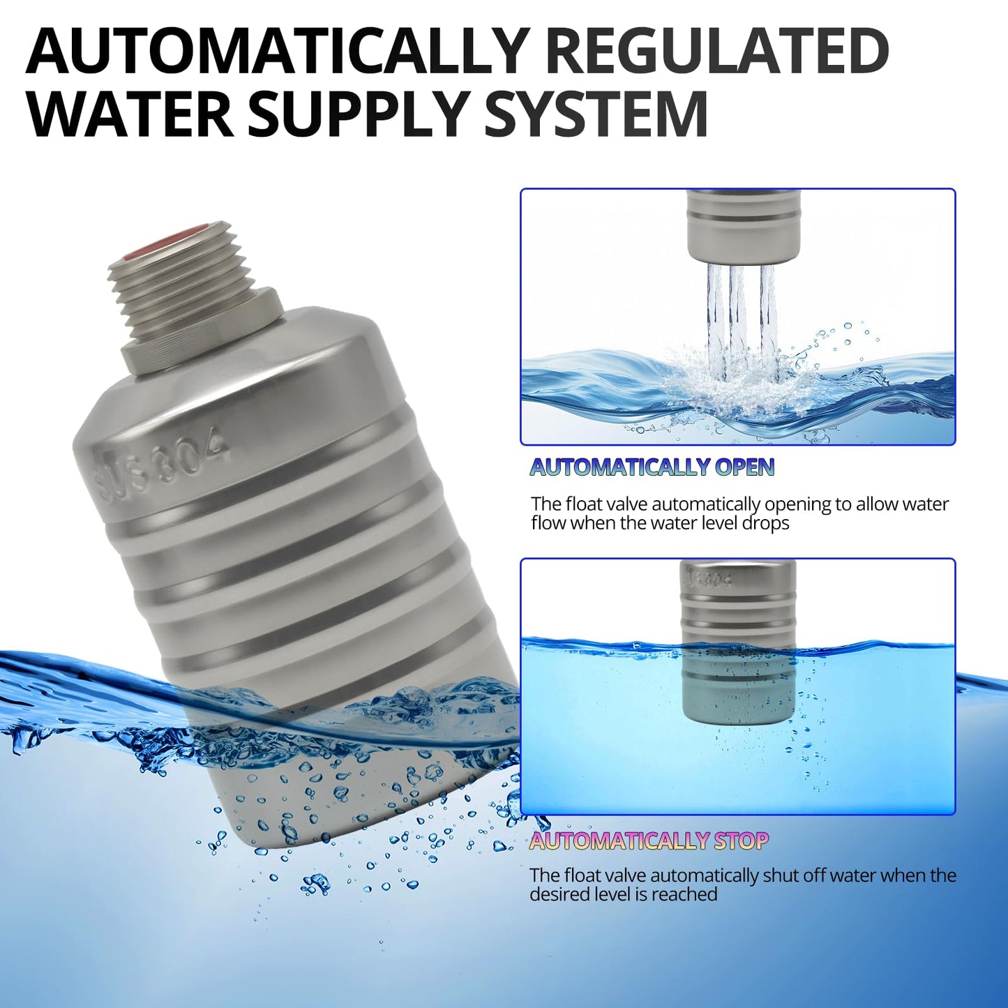 HXH 1 Pack NPT Water Float Valve Kit, 1/2" to 3/4'' Auto Shut off Water Level Control Float Valve, 304 Stainless Steel Fully Automatic water shut off valve for Pool, Livestock Troughs.