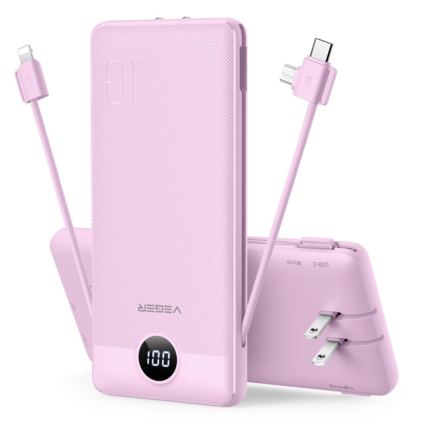 VEGER Portable Charger with Built-in AC Plug and Cables, All in One 10000mAh Ultra Slim Power Bank Travel Essentials, Fast Charging Battery Pack Compatible with iPhone, Samsung, Android (Purple)