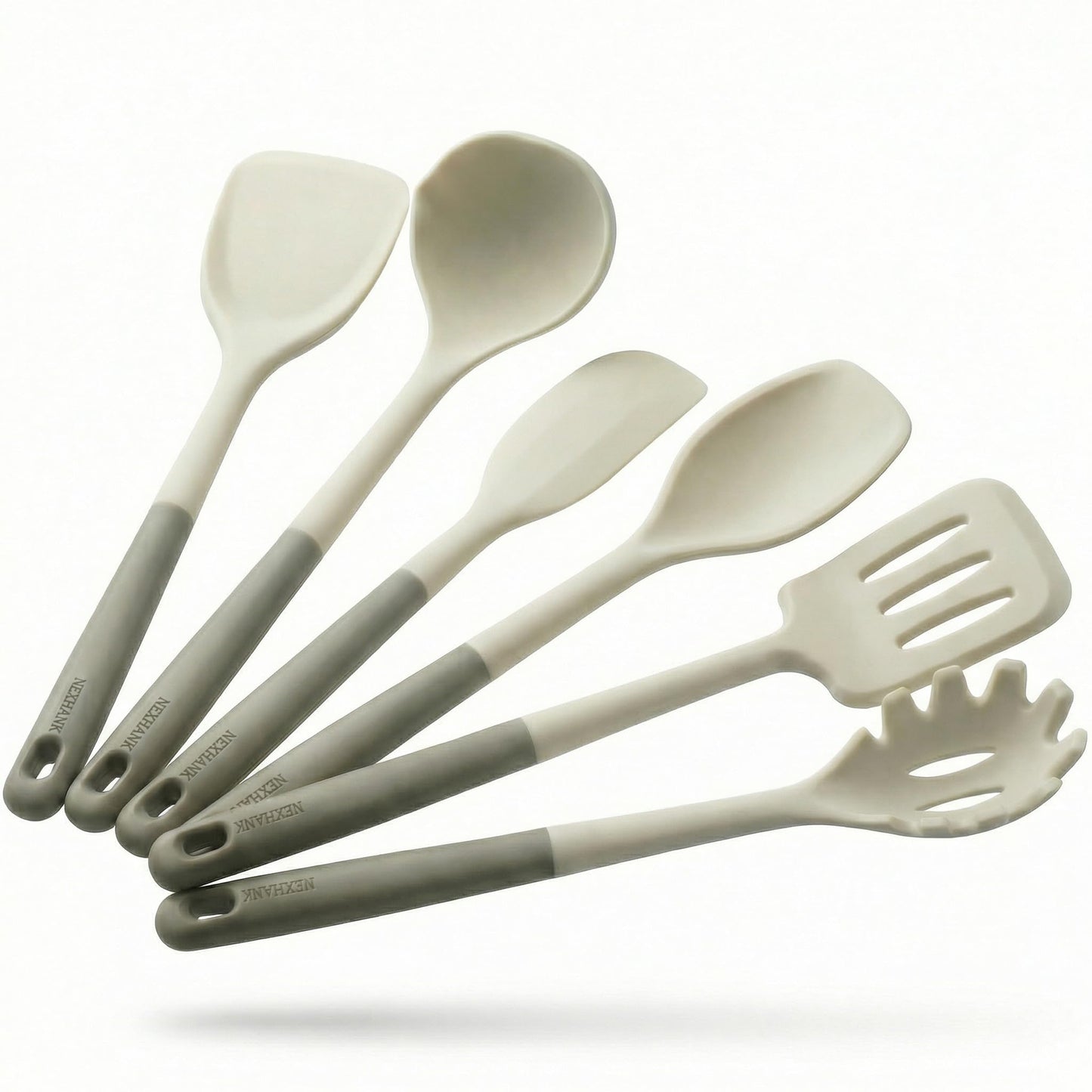 Nexhank Silicone Kitchen Utensils Set, 6-Piece NON-PLASTIC 500°F Heat-Resistant BPA-Free Dishwasher Safe Cooking Tools with Upgraded Spatula,Turner Ladle Skimmer Pasta Fork Scraper, Cream White &Mocha