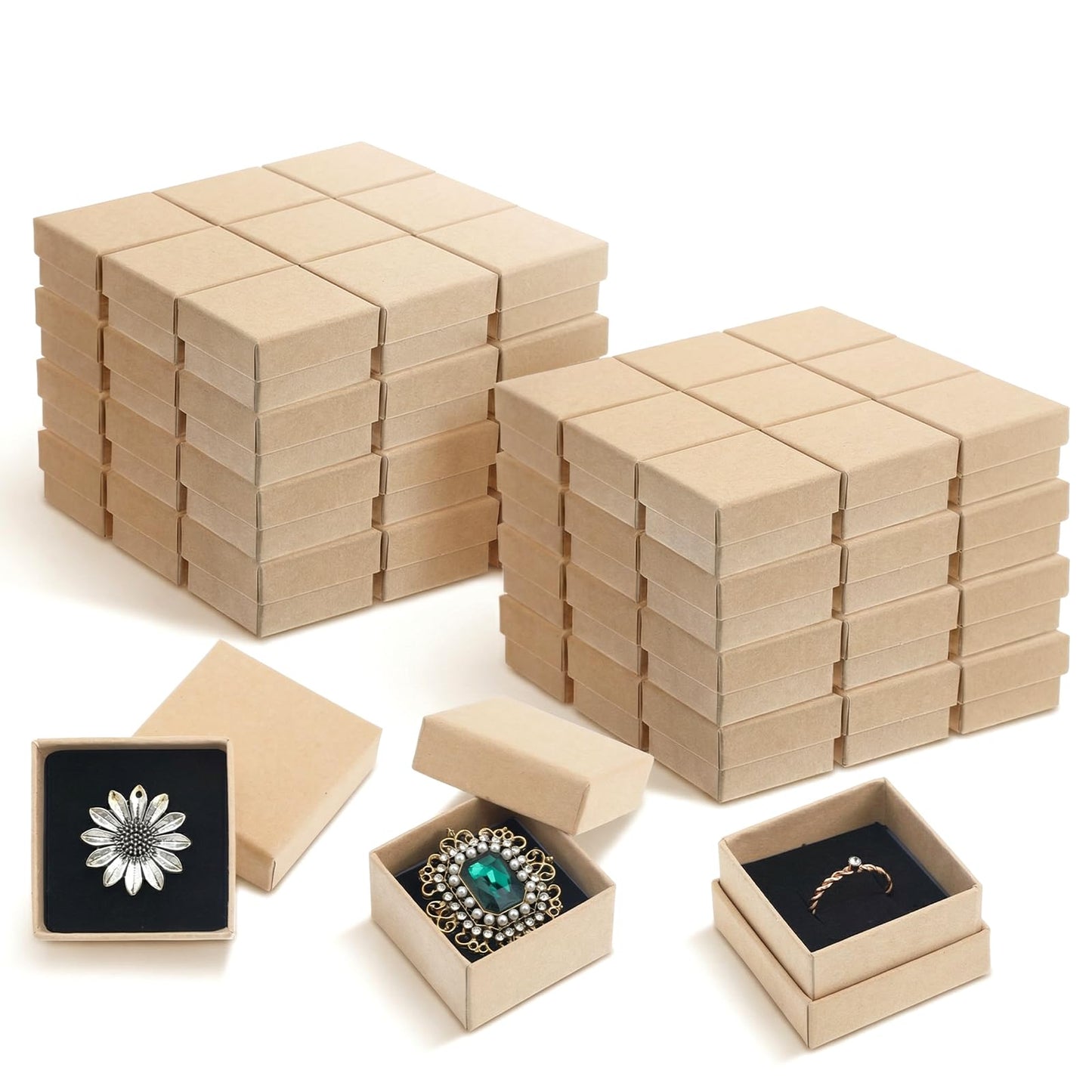 Kegeeei 60 Pack Cardboard Ring Boxes, 2 x 2 x 1.26 Inch Square Jewelry Gift Boxes With Foam, Bulk Mini Earring Packaging For Weddings, Birthdays, and Retail Display, Brown