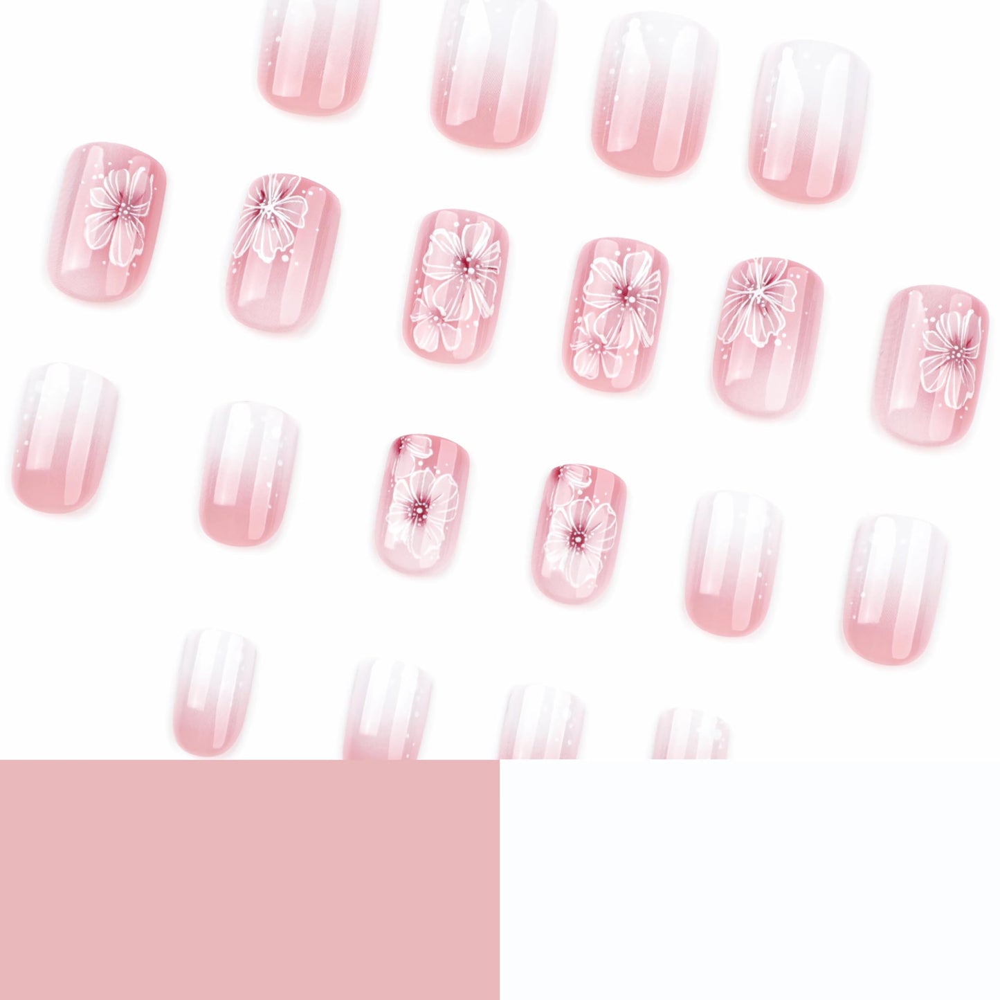 BABALAL Short Nails Press on Square Fake Nails Pink White Ombre Glue on Nails Flower Natural Acrylic Nails Design False Nails Art 24Pcs Squoval Full Cover Artificial Nails for Women Girls