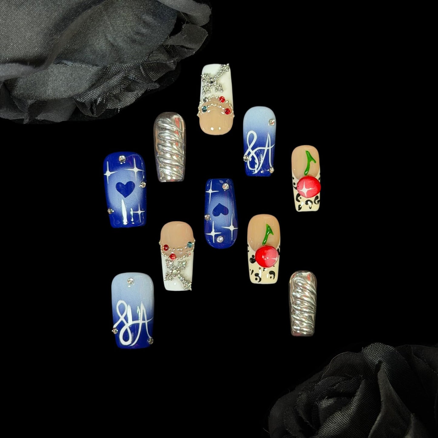 Handmade Press On Nails, Short Square Blue Nude with 3D Cherry, Rhinestone Chrome Acrylic, Reusable Stick On Nails Rebel Symphony (S)