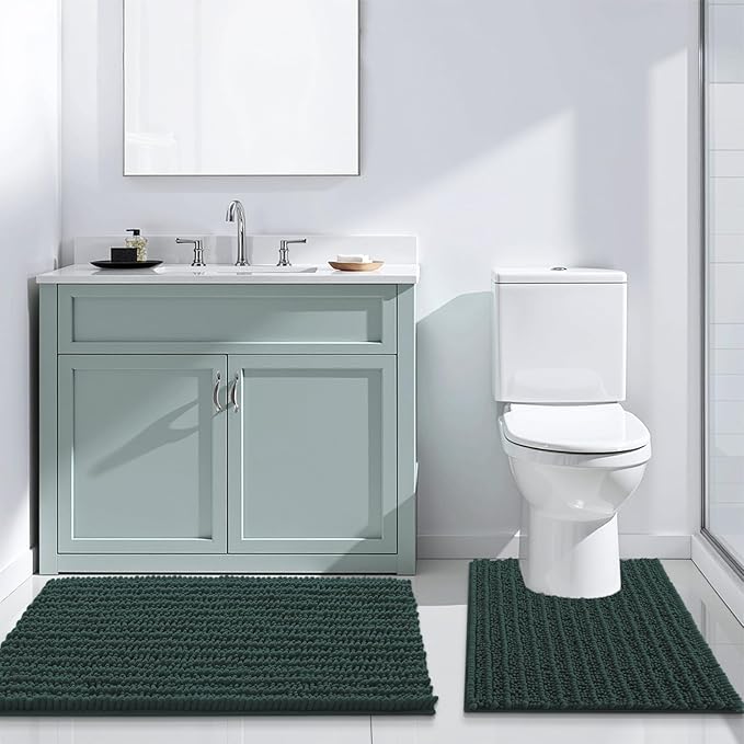 Arotive Luxury Chenille Bathroom Rug Mat, Extra Soft Thick Absorbent Shaggy Bath Rugs, Non-Slip Machine Wash Dry, Plush Bath Mats for Bathroom, Shower and Tub, 47x17, Dark Green