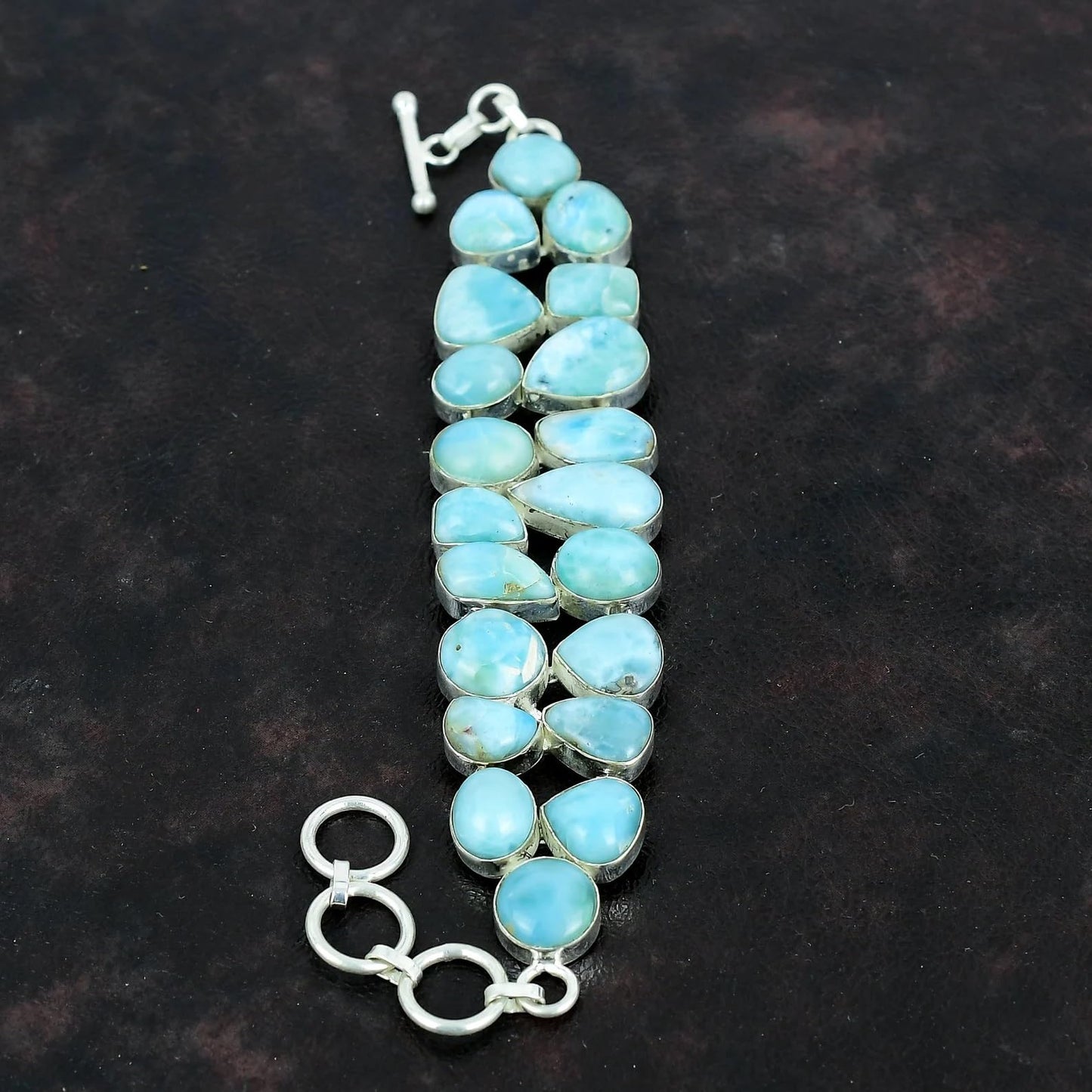 Solid 925 Sterling Silver Larimar Gemstone Bracelet – Natural Blue Larimar Stone, Women’s Stretch Silver Bracelet