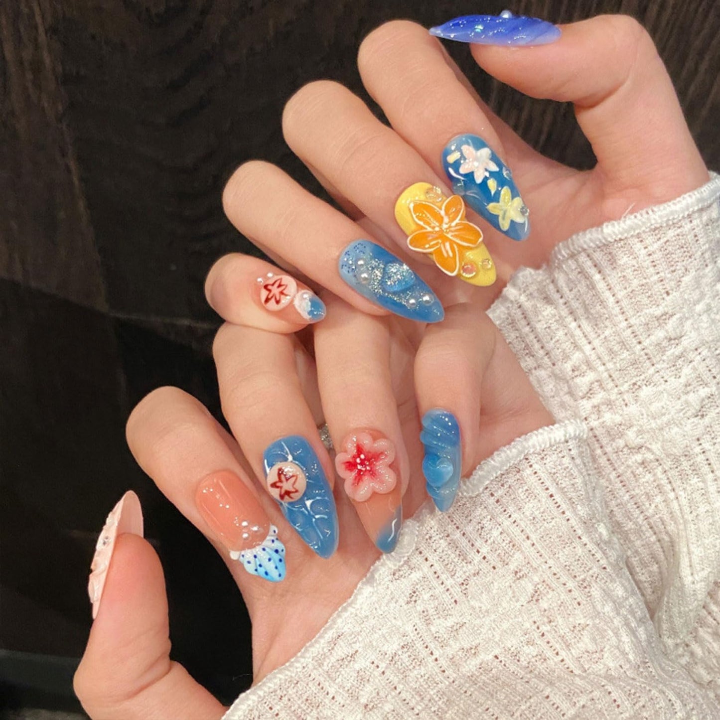 Luxury Handmade Press on Nails Medium Almond Nails with Glue,Blue Fake Nails 3D Flower Art Design Muti-Layer Gel Acrylic Thick Stick on False Nails for Women(Size S)