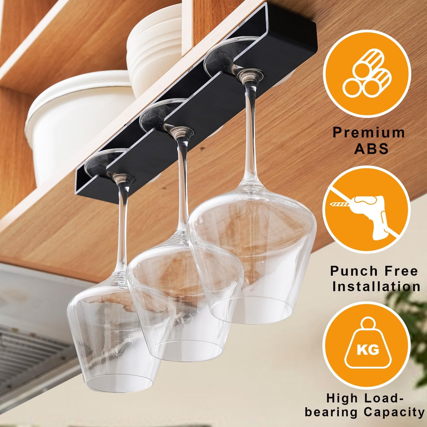 AQJUNONG 2 Pack Wine Glass Rack, No Drilling Under Cabinet Stemware Rack Organizer Hanger for Bar and Kitchen Cabinet (Classic Black)