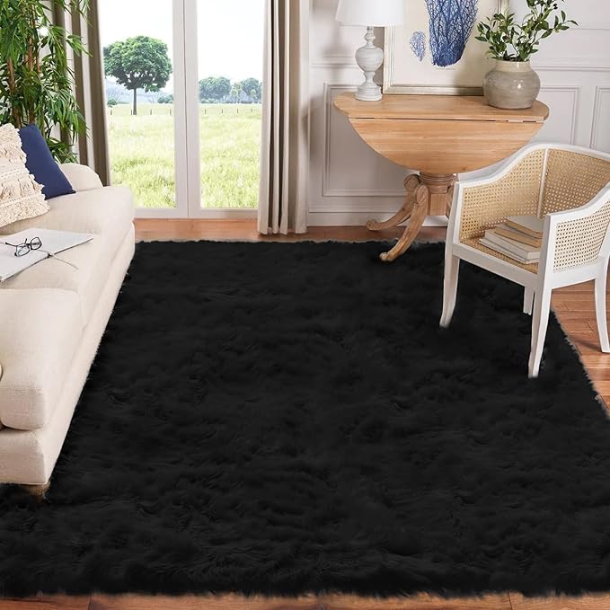 Goolela Black Area Rug 9x12 Fluffy Fuzzy Furry Rug for Living Room Bedroom Faux Sheepskin Fur Shaggy Soft Rectangle