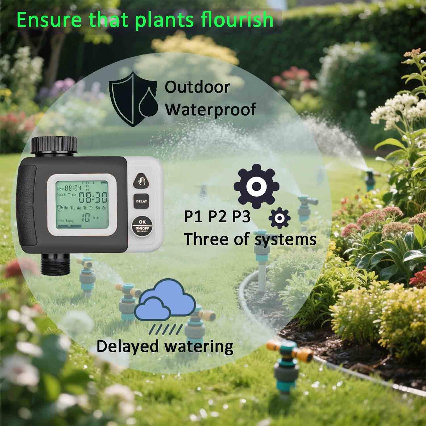Drip Irrigation Kit Automatic Watering System with Water Timer 64FT 1/4 Tubing and 12 Rain Spray Watering Nozzles in 4 Directions for Potted Plants Yard Lawn Juvenile Plants Greenhouse Mist