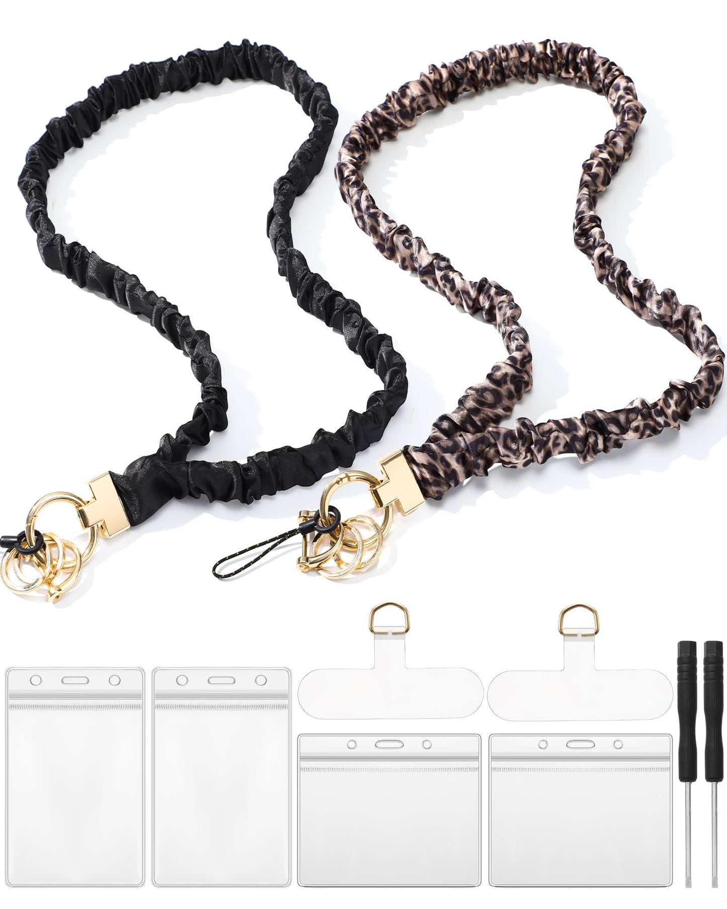 Dunzoom 2 Set Leopard Teacher Lanyard Scrunchie for ID Badges, Stretchy Scrunchie Lanyard with ID Badge Holder, Cute Cheetah Print Badge Necklace for Women Office Teacher Gift