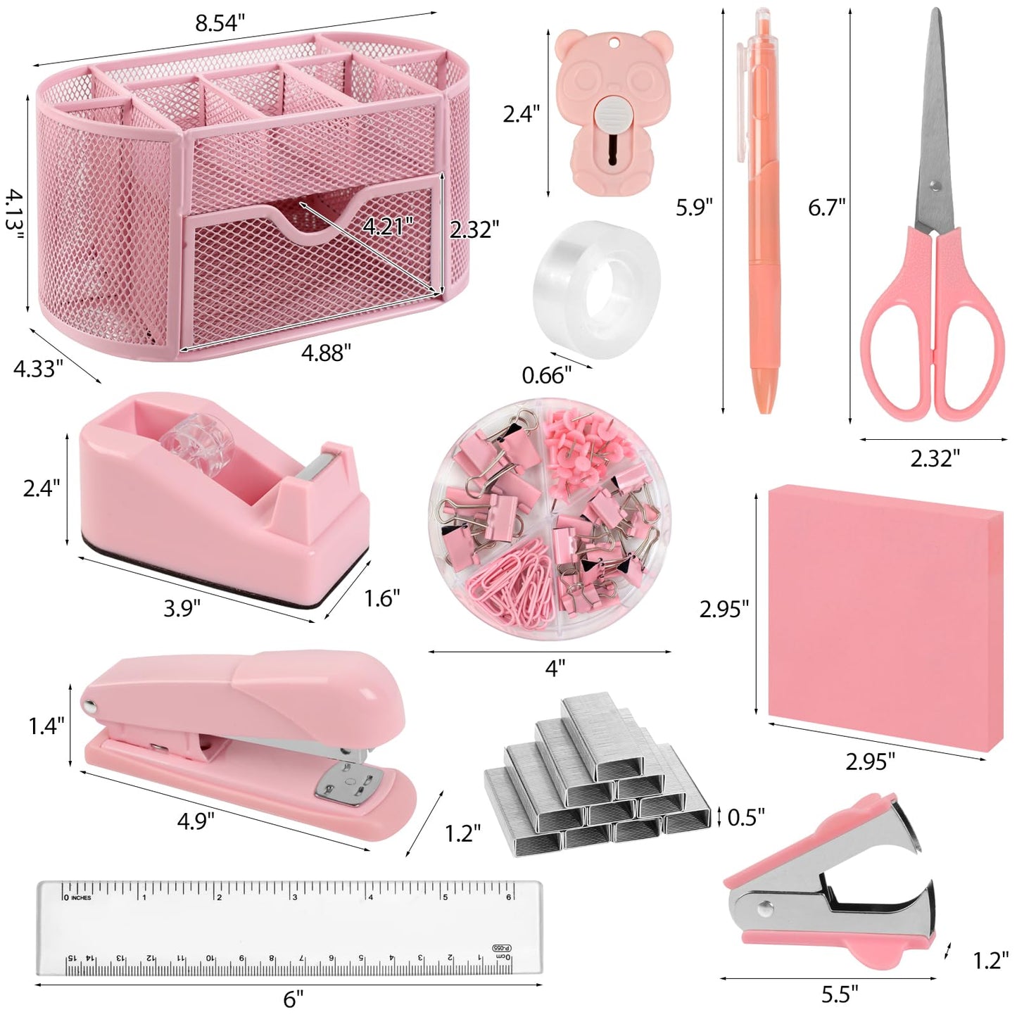 PrintPulse Pink Office Supplies for Desk,14pcs Desk Sets and Accessories, Office Supply Kit with Mesh Desktop Organizer and Stapler,Staple Remover, Staples,Tape Dispenser,Sticky Tabs,Scissors, Ruler