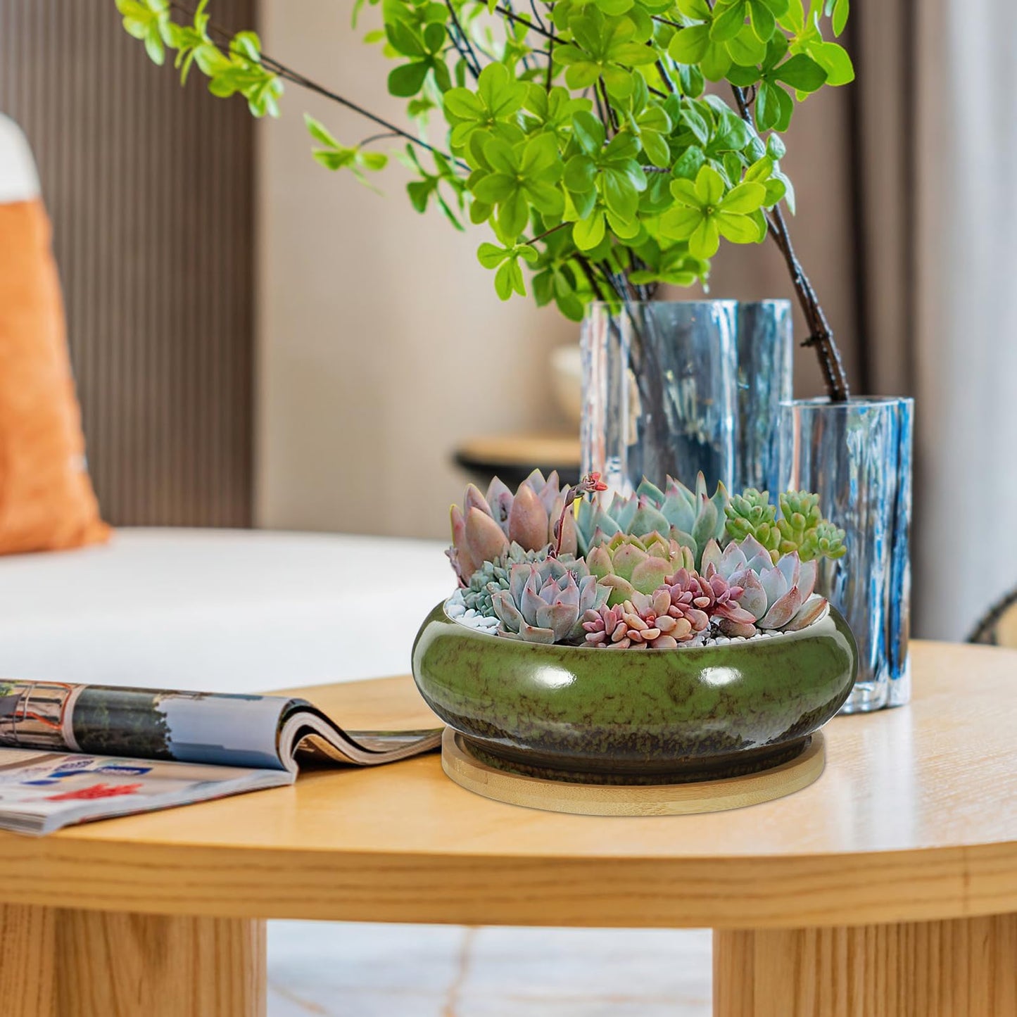 GANAZONO Succulent Succulent Planters with Drainage Ceramic Bonsai Pots with Bamboo Trays Round Shallow Pots for Indoor Cactus Flower Plants Green