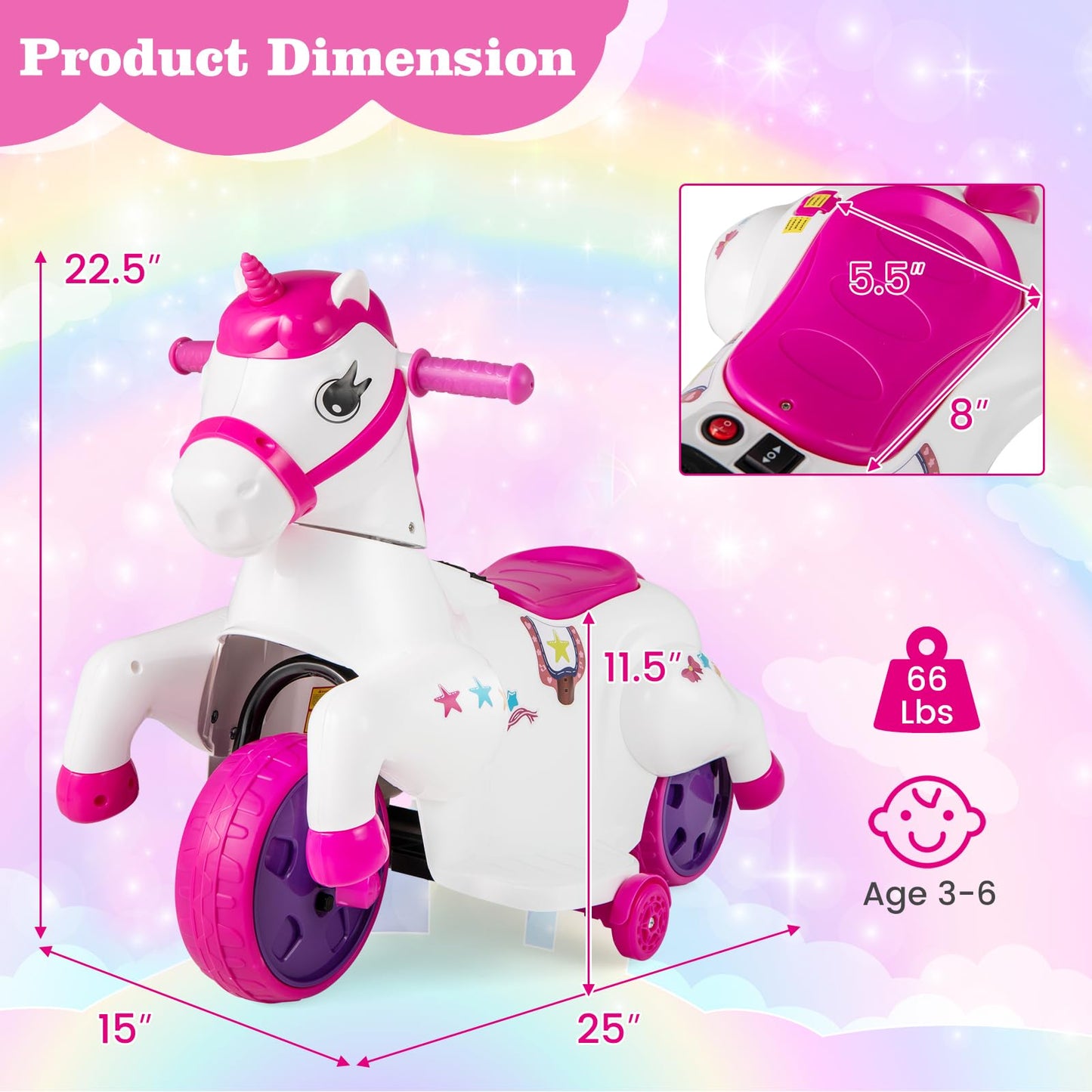 OLAKIDS 2 in 1 Ride on Motorcycle and Horse, Unicorn 6V Battery Powered Ride on Toy with Up & Down Function, MP3, Power Display, Training Wheels, Kids Electric Vehicle Aged 3-6 Years (Pink)