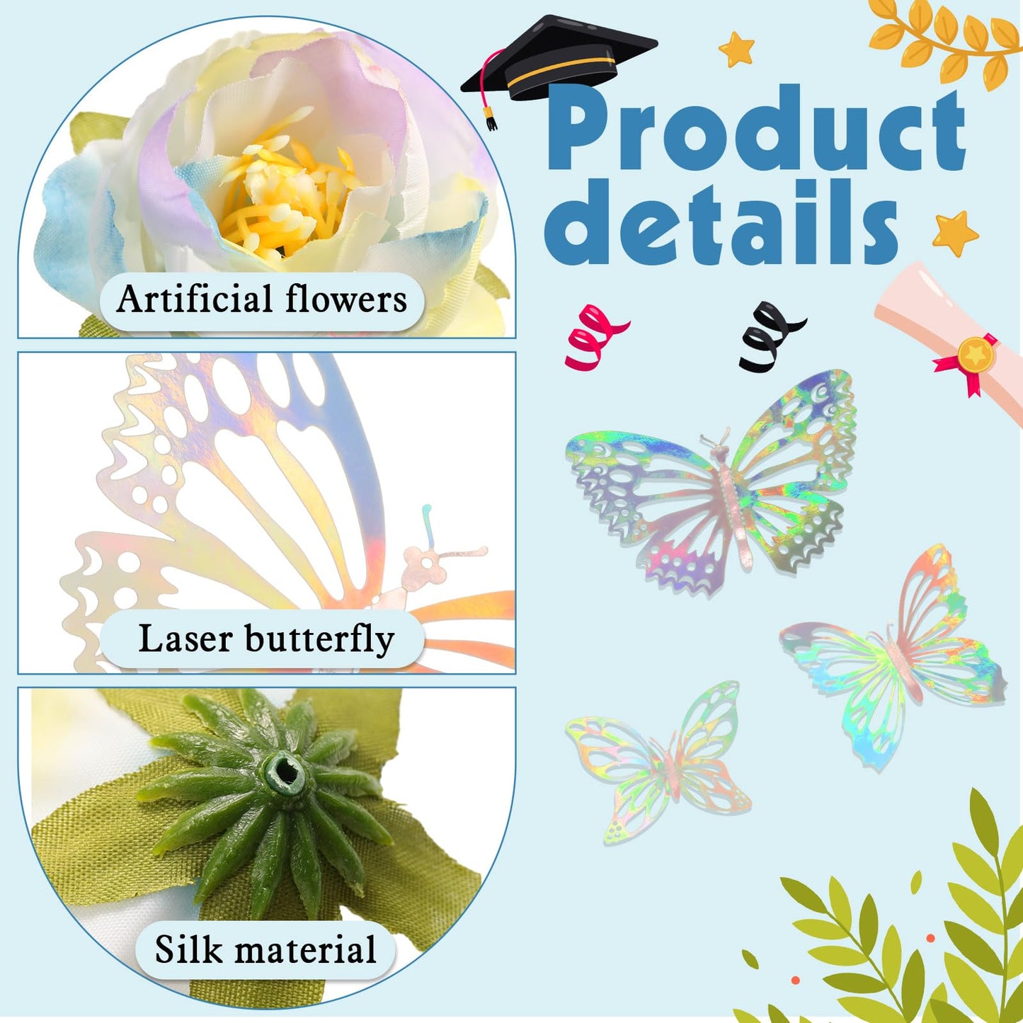 Canlierr 32 Pcs DIY Graduation Cap Decorations Accessory Kit Include Faux Flower Heads 3D Butterfly Grad Cap Decorations(Blue Tone)