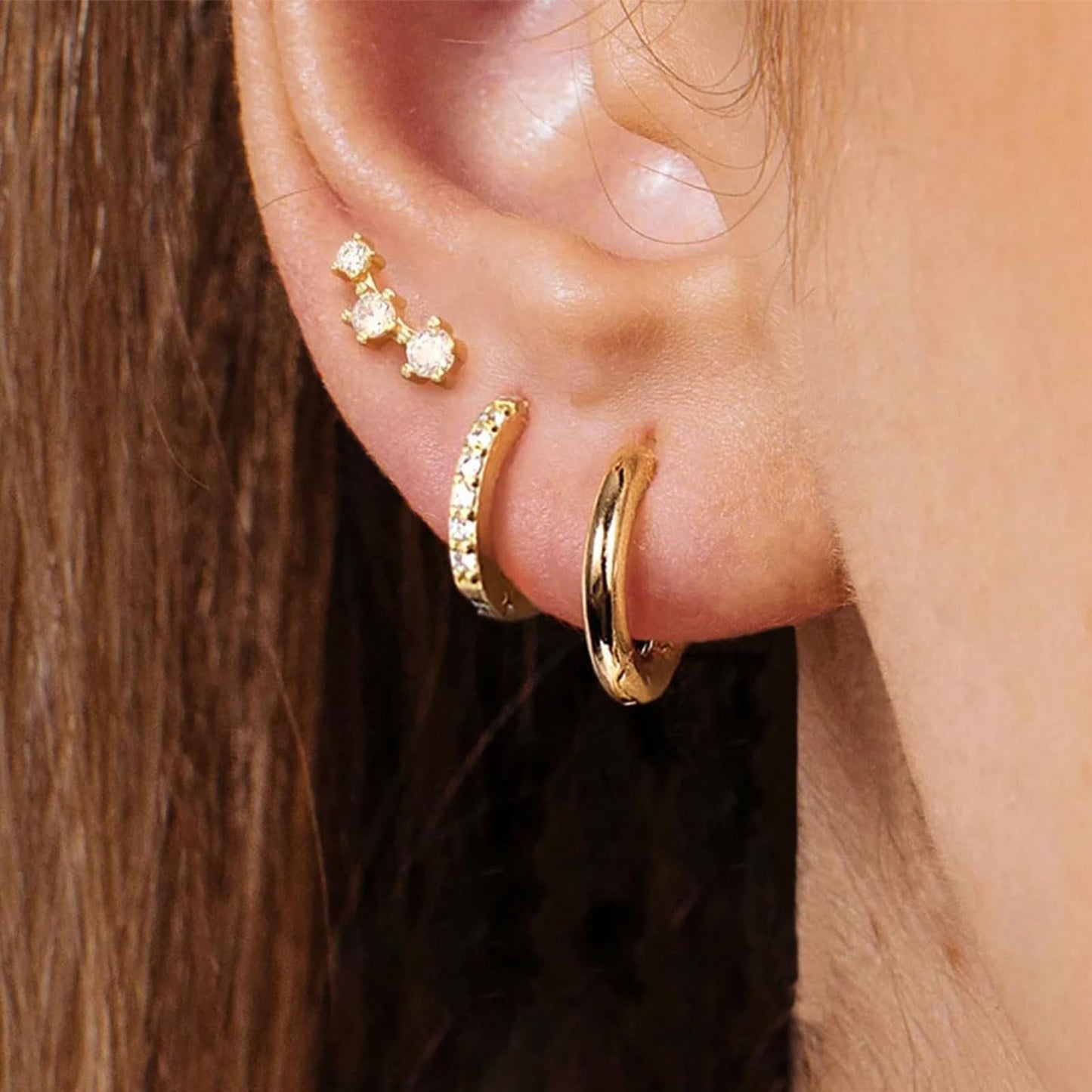 Gold Stud Earrings for Women, 3 Pairs 14K Hypoallergenic Cartilage Earrings for Multiple Piercing, Dainty Small Stackable Gold Hoop Earrings Set (Yellow Gold)