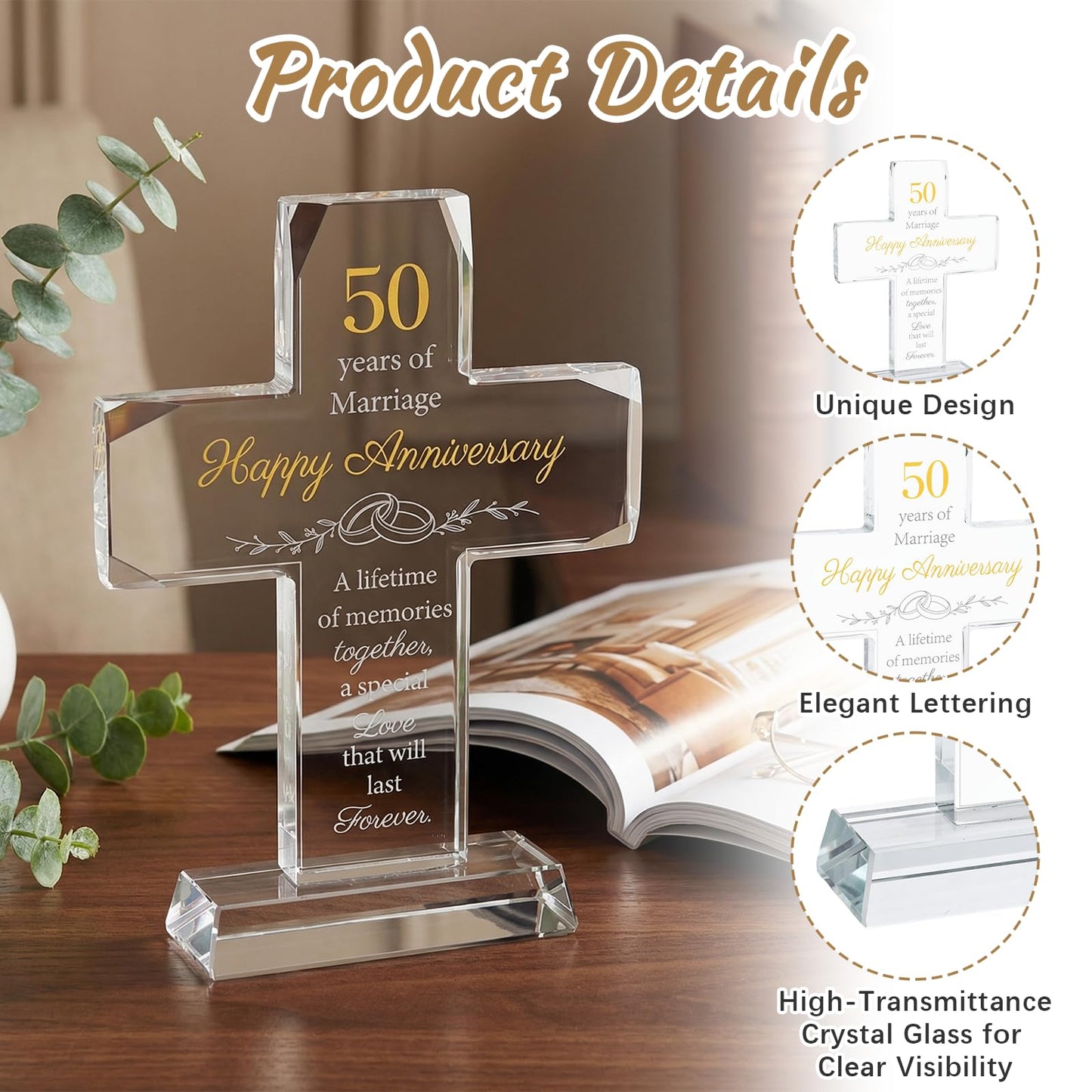 50th Wedding Anniversary for Couple Gifts, Religious Standing Cross Crystal with Wedding Keepsake Box, Laser Engraved 50 Year Anniversary Romantic Gift for Decorations, Couple, Her, Him