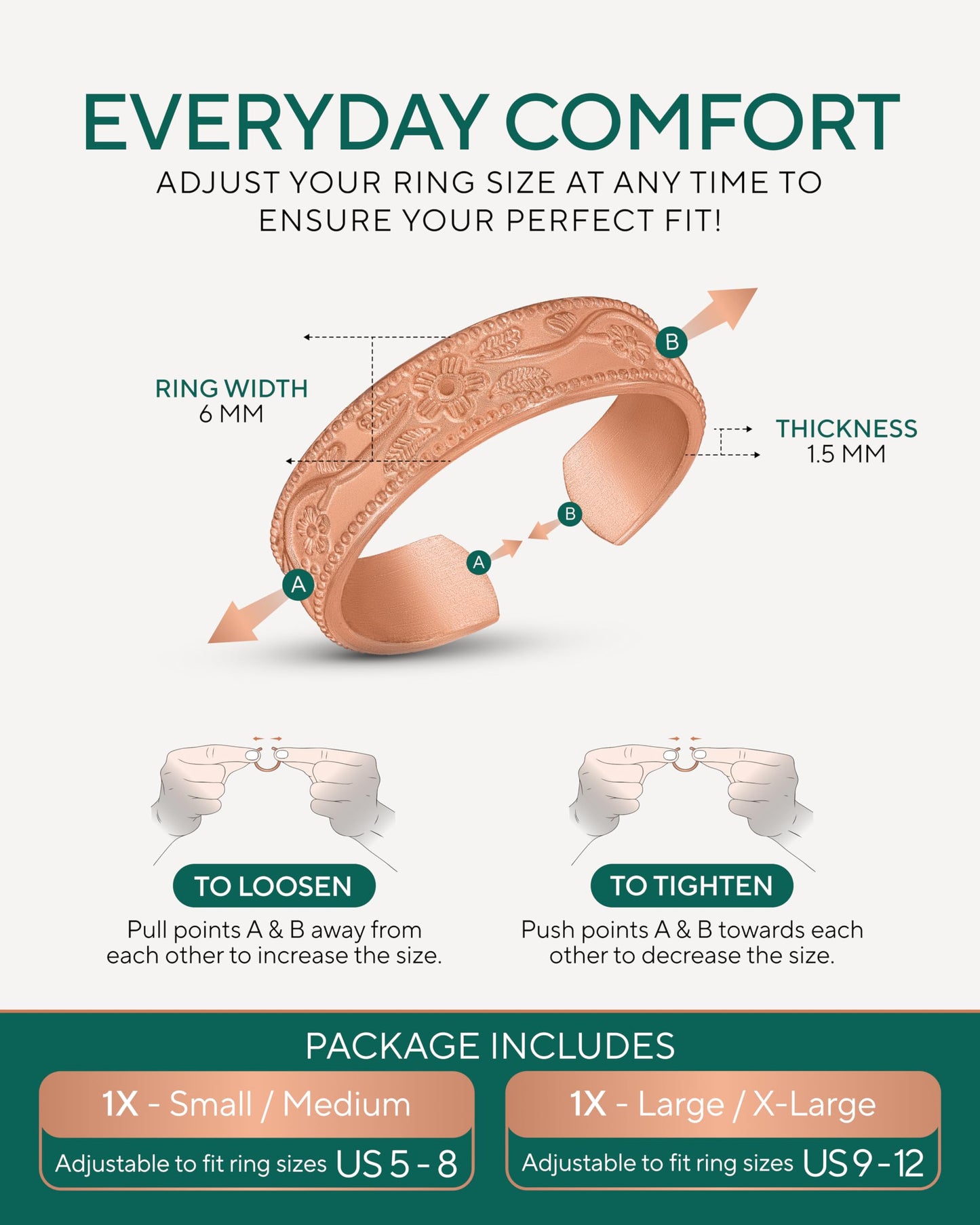 TheraCopper Pure Copper Rings for Women & Men (2-Pack) — 100% Pure Copper Ring — Raw, Solid & Uncoated Authentic Handmade Open-End Adjustable Ayurvedic Jewelry Rings (6mm Domed)