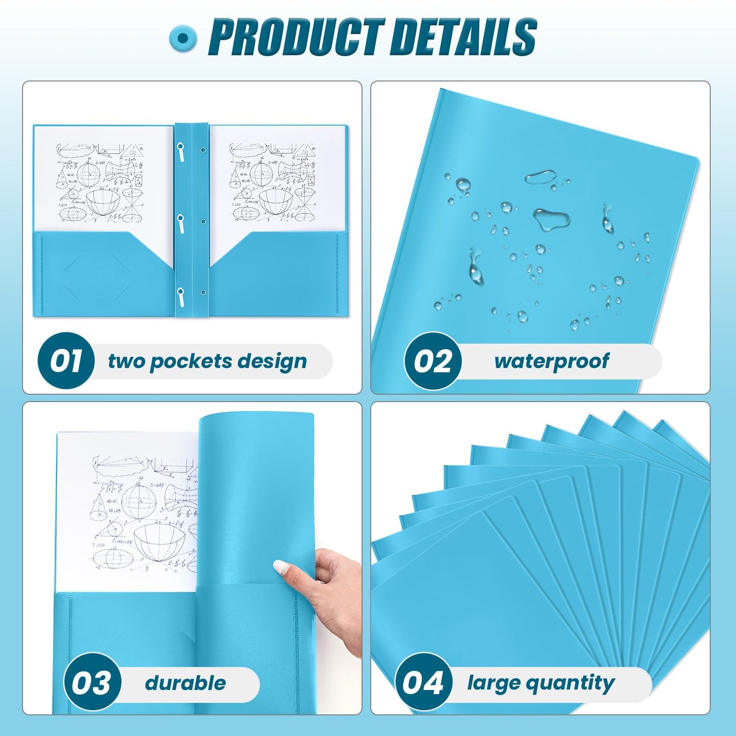 Lincia 100 Pcs Plastic Folders with Pockets and Prong Folders with Prongs 2 Pockets for Office, School for Students, Teachers, Office Workers(Light Blue)