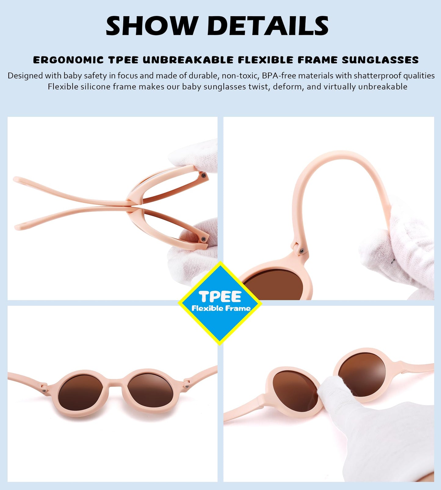 NULOOQ Bendable Polarized Baby Sunglasses with Strap Round Flexible for Infant Newborn & Toddler Age 0-24 Months (Pink/Brown + Beige/Brown + Green/Brown) - 3 Pack