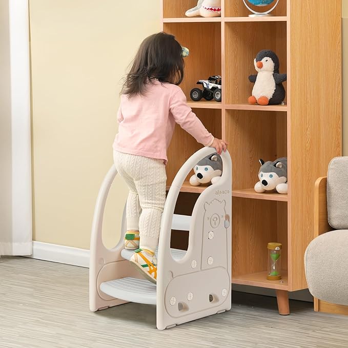 Toddler 3 Step Stool Onasti Kids Standing Tower for Toddlers Plastic Learning Helper Stool for Kitchen Counter Bathroom Sink Toilet Potty Training with Handles and Non-Slip Pads-Grey White