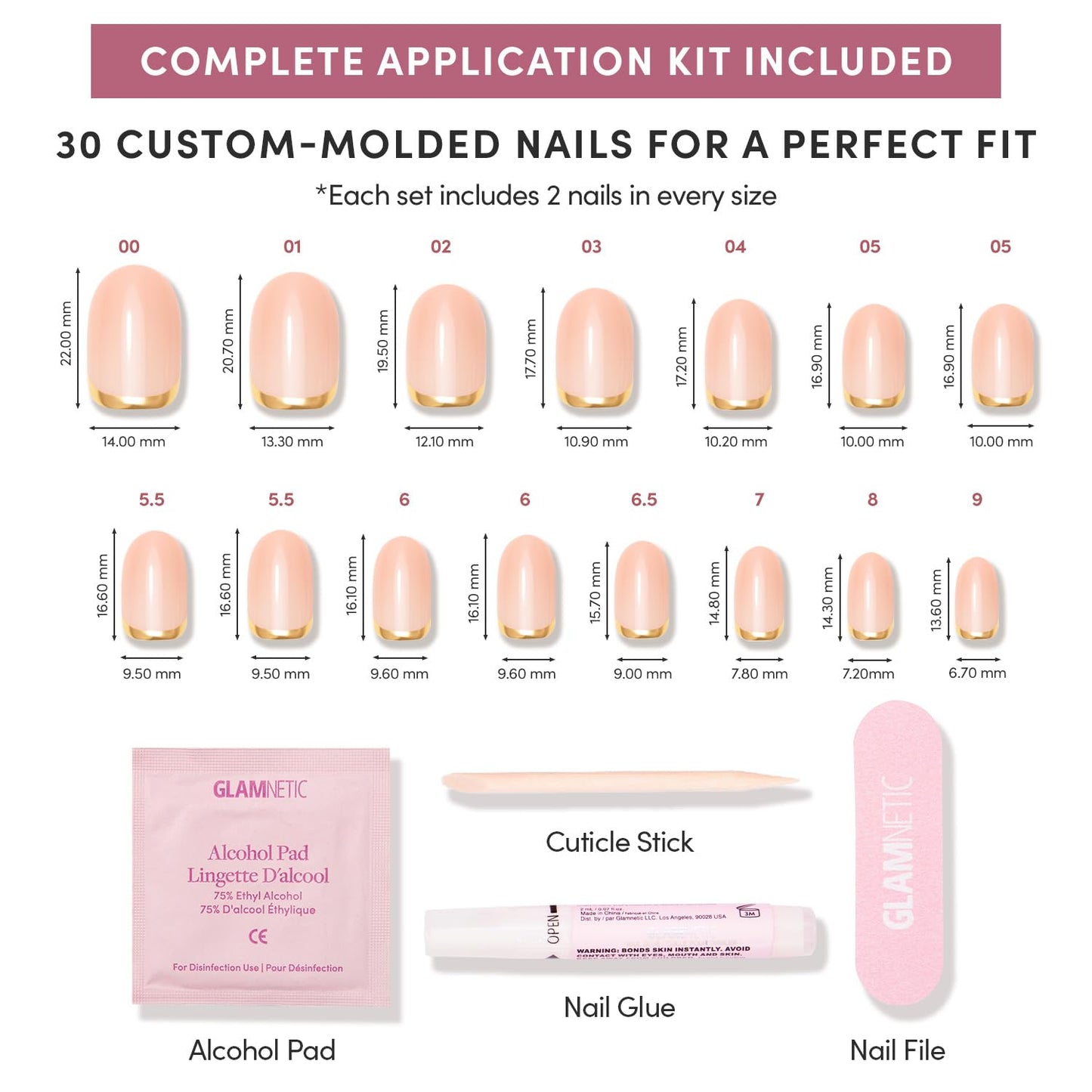 Glamnetic Press-On Nails Bundle - Glam Goals & Goal Digger | 2 Neutral Fake Nails with Gold Reverse French Tip in Short Oval & Short Round | Durable, Salon-Quality Nail Kits