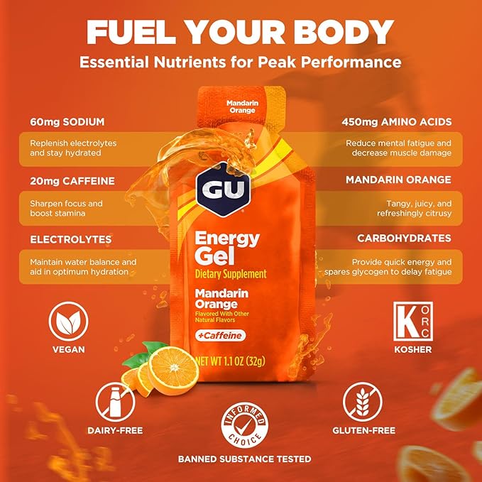 GU Energy Original Sports Nutrition Energy Gel, Vegan, Gluten-Free, Kosher, and Dairy-Free On-the-Go Energy for Any Workout, 24-Count, Mandarin Orange
