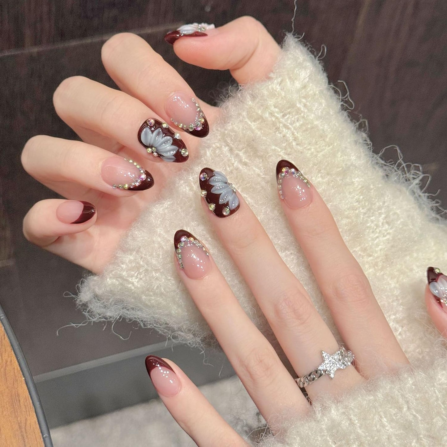 Handmade Press on Nails Medium Almond Fake Nails with 3D Flower Diamond Designs French Tip False Nail Spring Summer Acrylic Nails Dark Red Full Cover Glue on Nail for Women Nail Decor（Size S）
