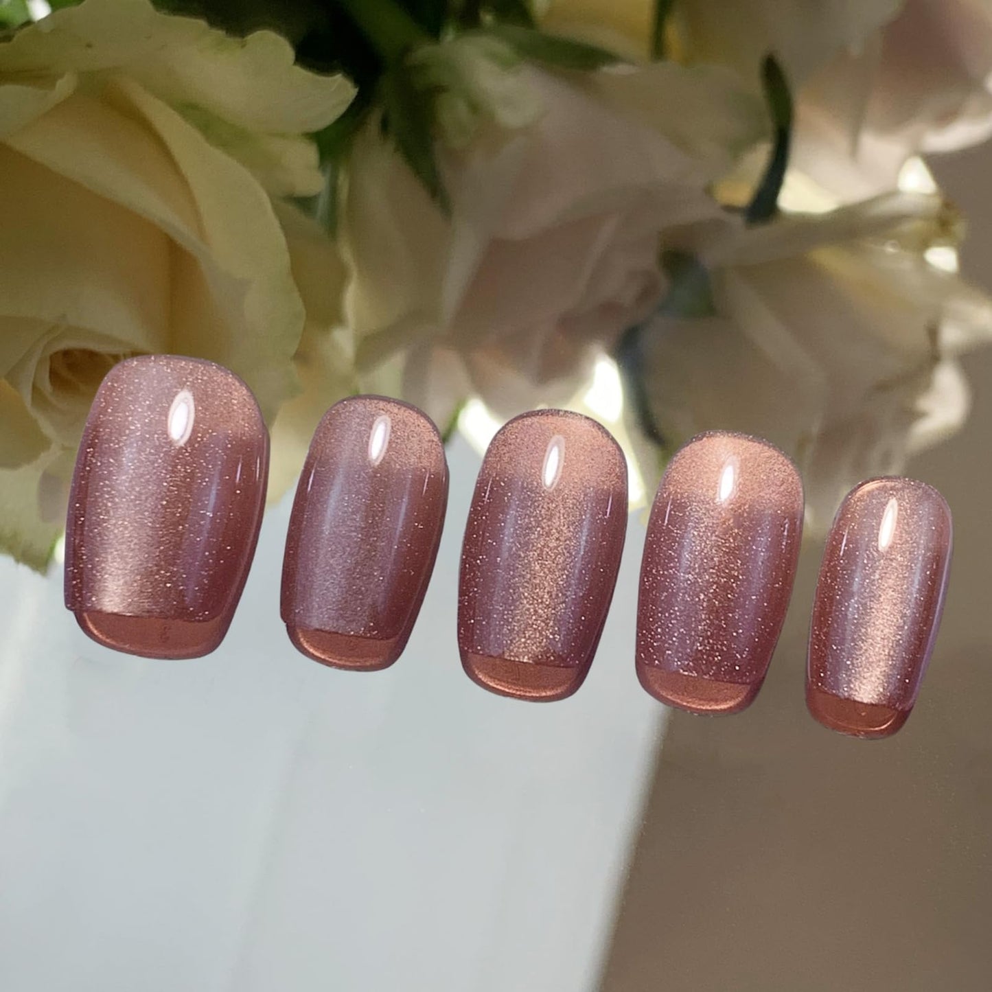 Incantevole Cat's Eye Press On Nails (30PCS； SIZE：XS-S-M), Short Square Nails, Handmade Nails, Enhanced Glossy False Nail Tips (Mirror Finish Champagne Pink)