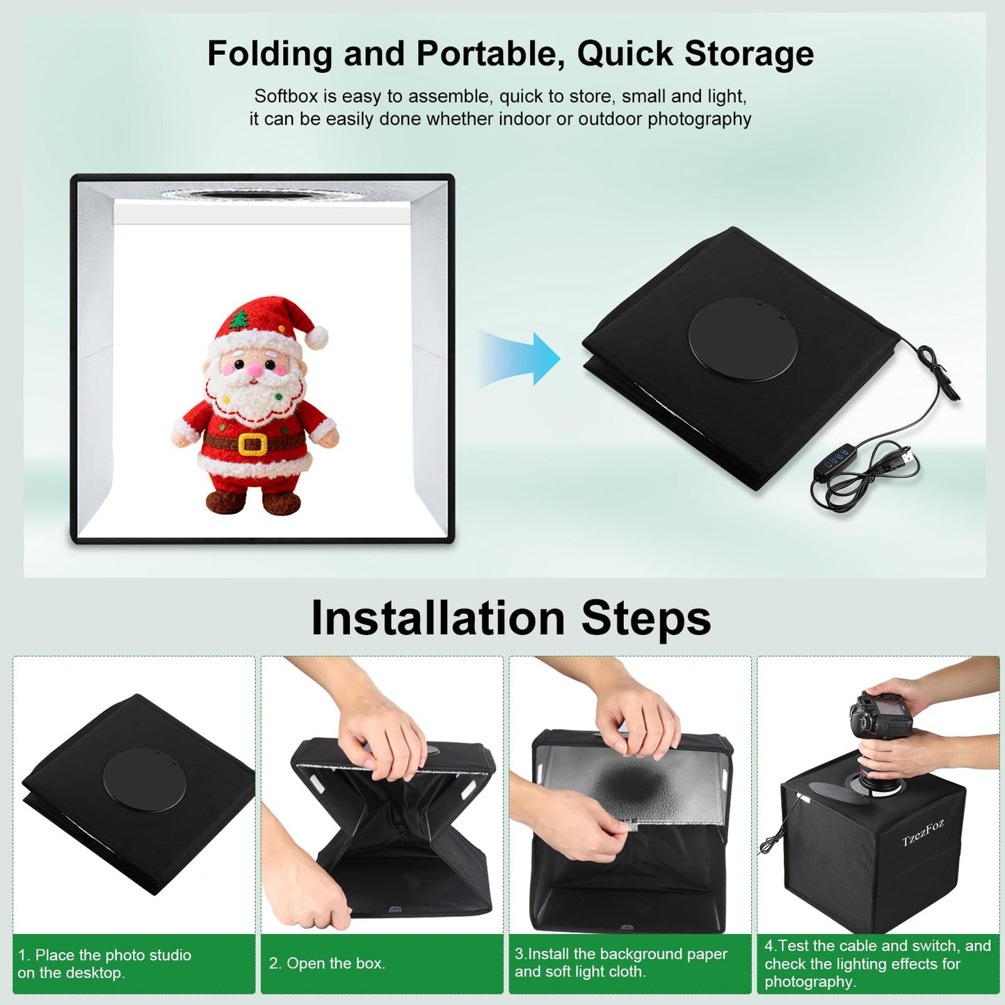TzezFoz 12x12inch Portable Photo Studio Light Box,Folding Ring Light Box with 3 Modes & 6 Backdrops, Photography Light Tent USB Powered Lighting Tent for Jewelry/Accessories