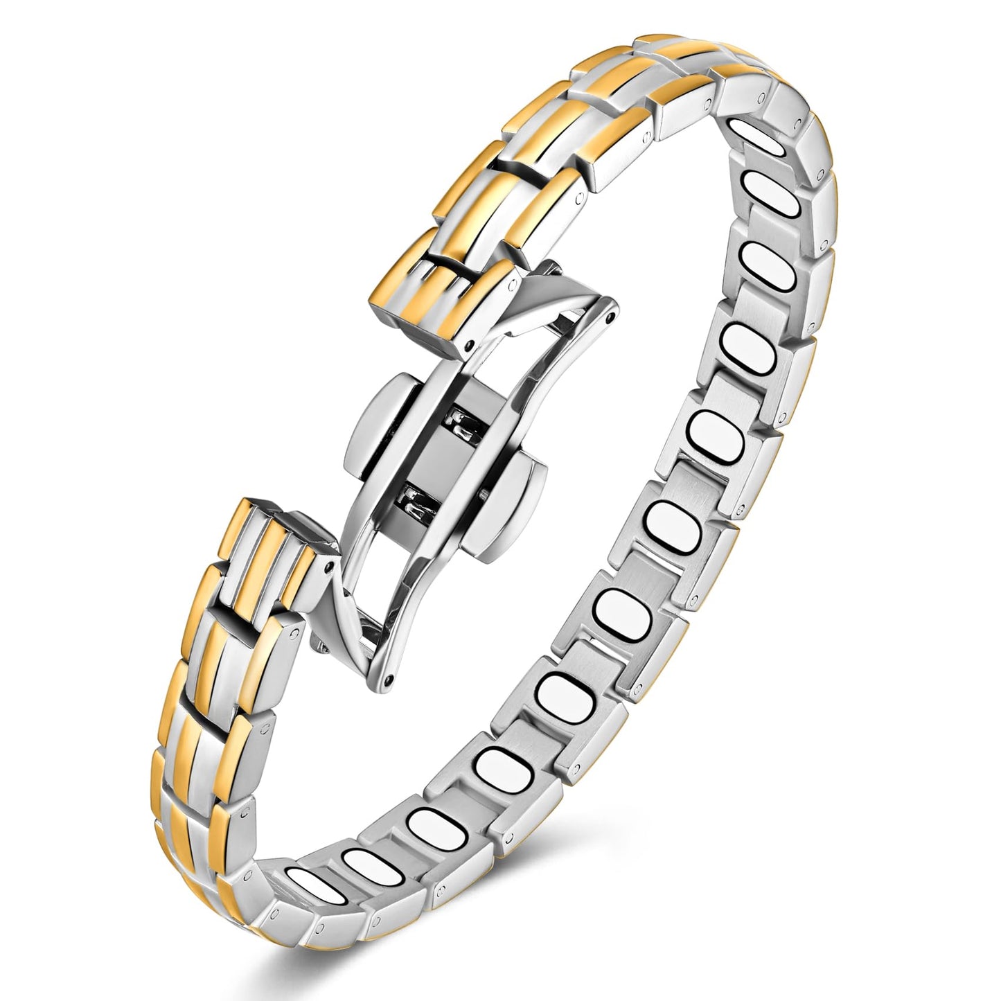 Jecanori 5X Strength Magnetic Bracelets for Women —Updated 5,000 Gauss Ellipse Magnets — Premium Butterfly Clasp & Adjustable Length,Silver,Golden