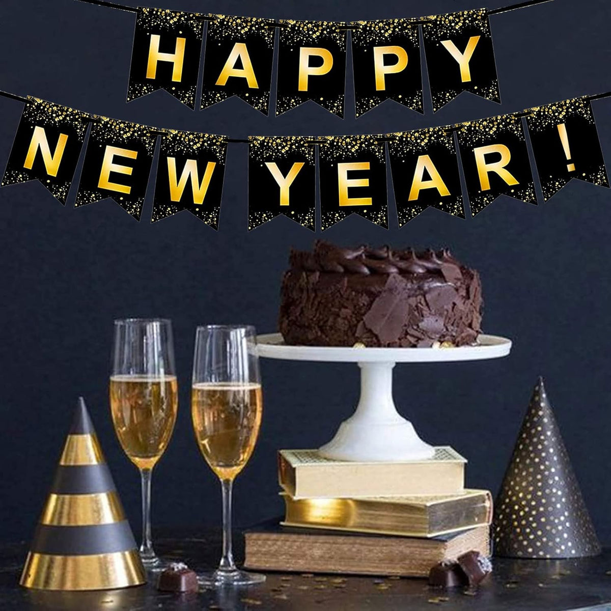 Fecedy Black Gold Happy New Year Banner for New year Party Decorations