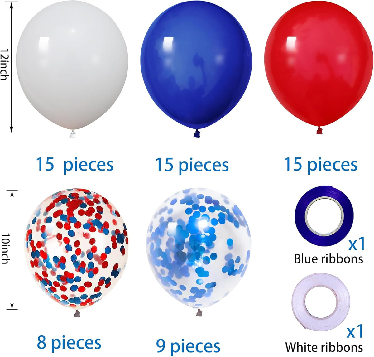 62Pcs 12Inch Bule Red White Balloons Arch Kit, White and Navy Blue Red Confetti Party Balloons with Ribbons for Birthday, Wedding, Baby Shower, Graduation Decorations