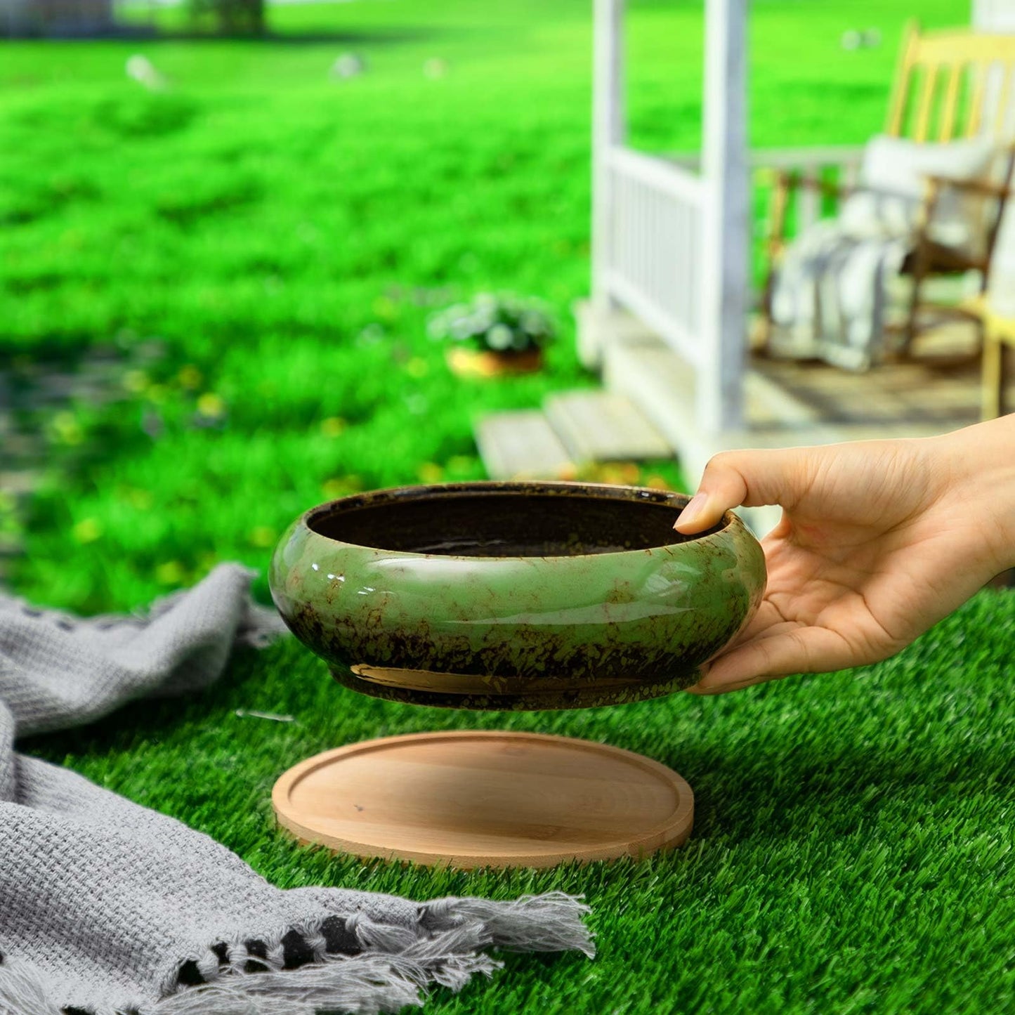 Acellegic 2 Pack 7.3 Inch Round Large Shallow Succulent Ceramic Planter Pots with Drainage Hole Drip Glazed Shallow Bonsai Pot with Bamboo Tray for Indoor Outdoor Plants Decor Cactus Flower