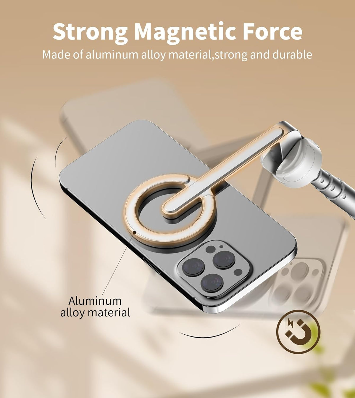 TONEOF 68" Magnetic Selfie Stick Tripod with Aluminum Strong Magnetic Holder for Magsafe, 360° Rotatable Travel Phone Tripod Stand with Metal Ring & Rechargeable Remote for iPhone/Android(Beige Gray)
