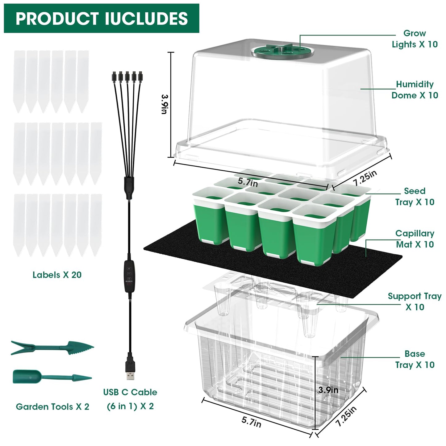 MQHUAYU Self Watering Seed Starter Tray with Grow Light, 10-Pack 120-Cell Reusable Seed Starter Kit with Soft Silicone, Plant Germination Trays with Humidity Dome for Seeding Planting Growing