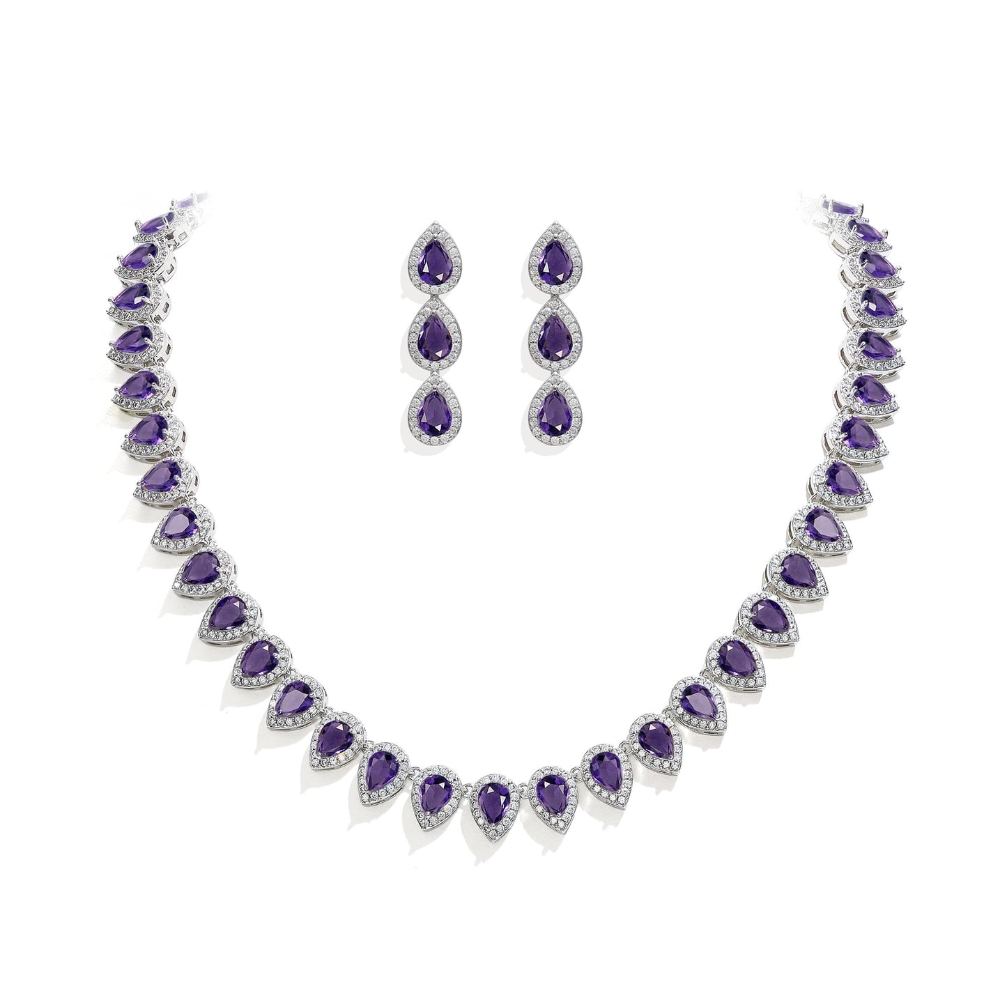 EleQueen Women's Wedding Bridal Full Prong Cubic Zirconia Teardrop Necklace Earrings Set for Brides Bridesmaids Amethyst Color